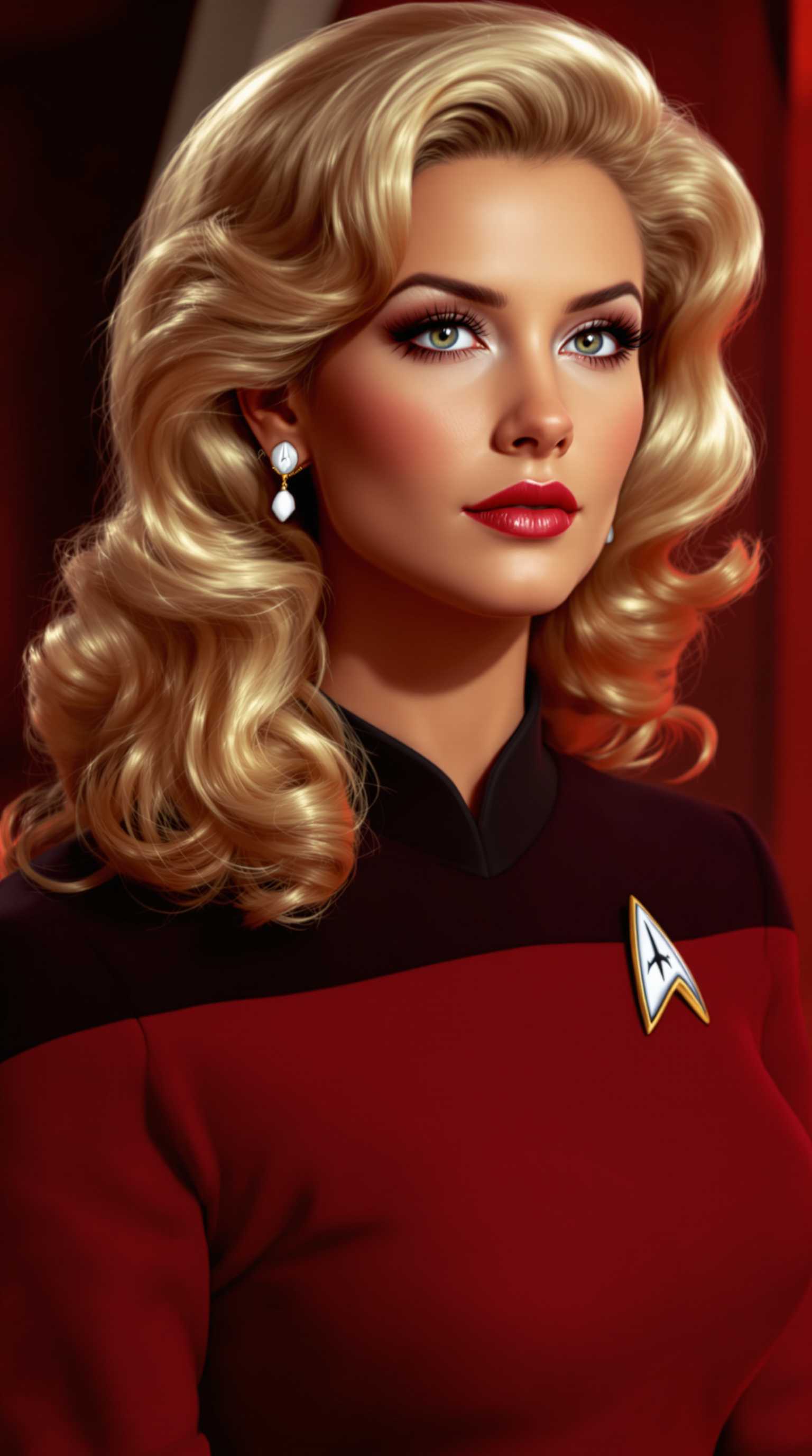 This image features a closeup of a blonde woman wearing a red Starfleet uniform from the Star Trek franchise, identifiable by the distinctive communicator badge on the left side of her large bust, chest. The uniform is a deep maroon with a black collar and a black communicator badge with a silver emblem in the center. The person is also wearing a Starfleet insignia on the left shoulder, which is a silver arrowhead with a gold outline.The hair of the person is styled in a voluminous, 1960sinspired fashion, with waves and curls cascading down the back. The hair color is a light blonde with a touch of golden highlights. The person is also wearing a pair of white earrings with a simple, elegant design.The background is blurred, but it appears to be an interior space with warm, reddish tones, possibly a corridor or room on a spaceship from the Star Trek universe. The overall art style of the image is reminiscent of a fan art or a tribute piece, paying homage to the classic Star Trek aesthetic. The medium appears to be digital, given the sharpness and clarity of the image, The colors are rich and vibrant, with a focus on the deep red of the uniform and the blonde hair, which stands out against the warmer tones of the background.