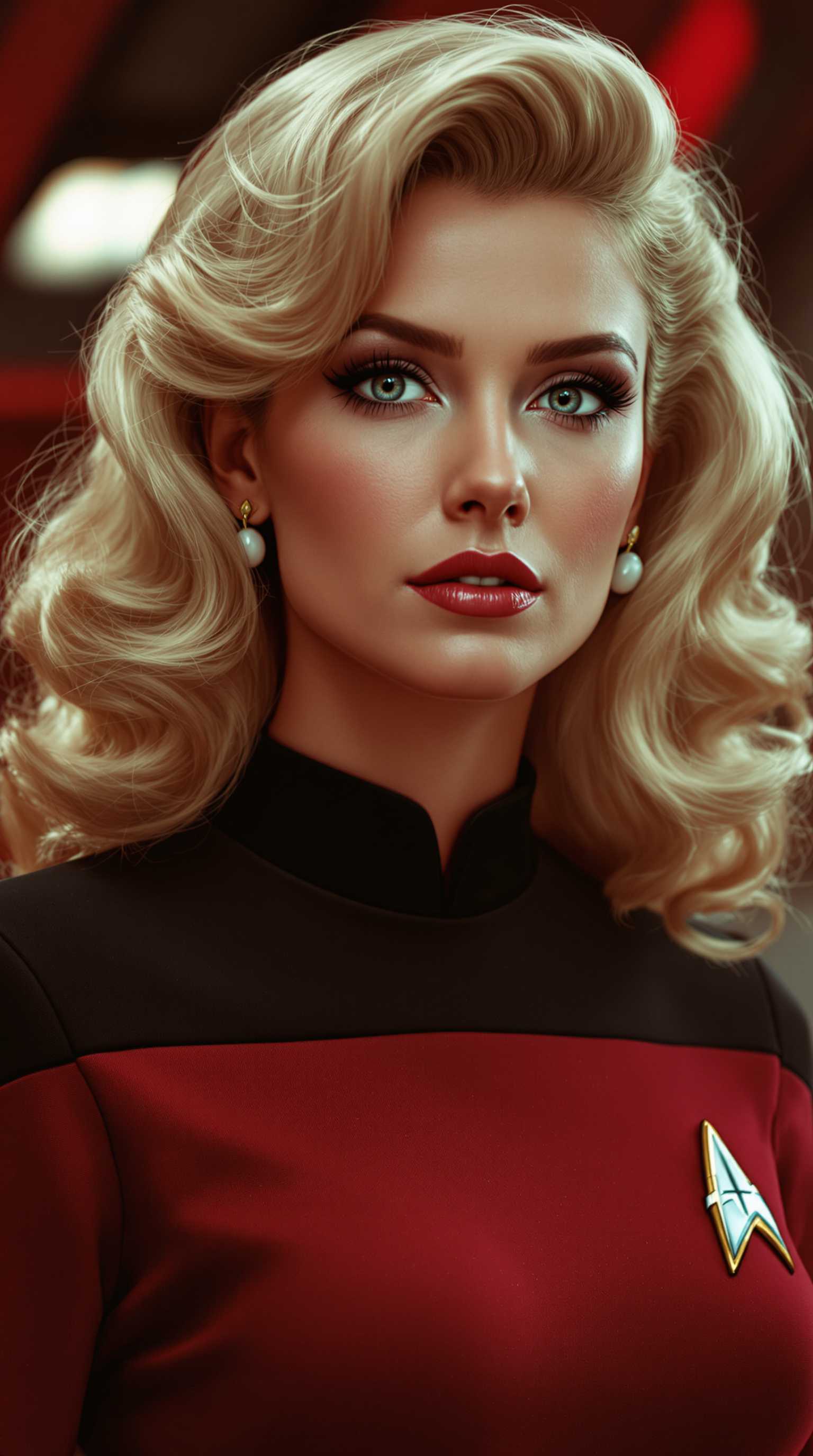 This image features a closeup of a blonde woman wearing a red Starfleet uniform from the Star Trek franchise, identifiable by the distinctive communicator badge on the left side of her large bust, chest. The uniform is a deep maroon with a black collar and a black communicator badge with a silver emblem in the center. The person is also wearing a Starfleet insignia on the left shoulder, which is a silver arrowhead with a gold outline.The hair of the person is styled in a voluminous, 1960sinspired fashion, with waves and curls cascading down the back. The hair color is a light blonde with a touch of golden highlights. The person is also wearing a pair of white earrings with a simple, elegant design.The background is blurred, but it appears to be an interior space with warm, reddish tones, possibly a corridor or room on a spaceship from the Star Trek universe. The overall art style of the image is reminiscent of a fan art or a tribute piece, paying homage to the classic Star Trek aesthetic. The medium appears to be digital, given the sharpness and clarity of the image, The colors are rich and vibrant, with a focus on the deep red of the uniform and the blonde hair, which stands out against the warmer tones of the background.