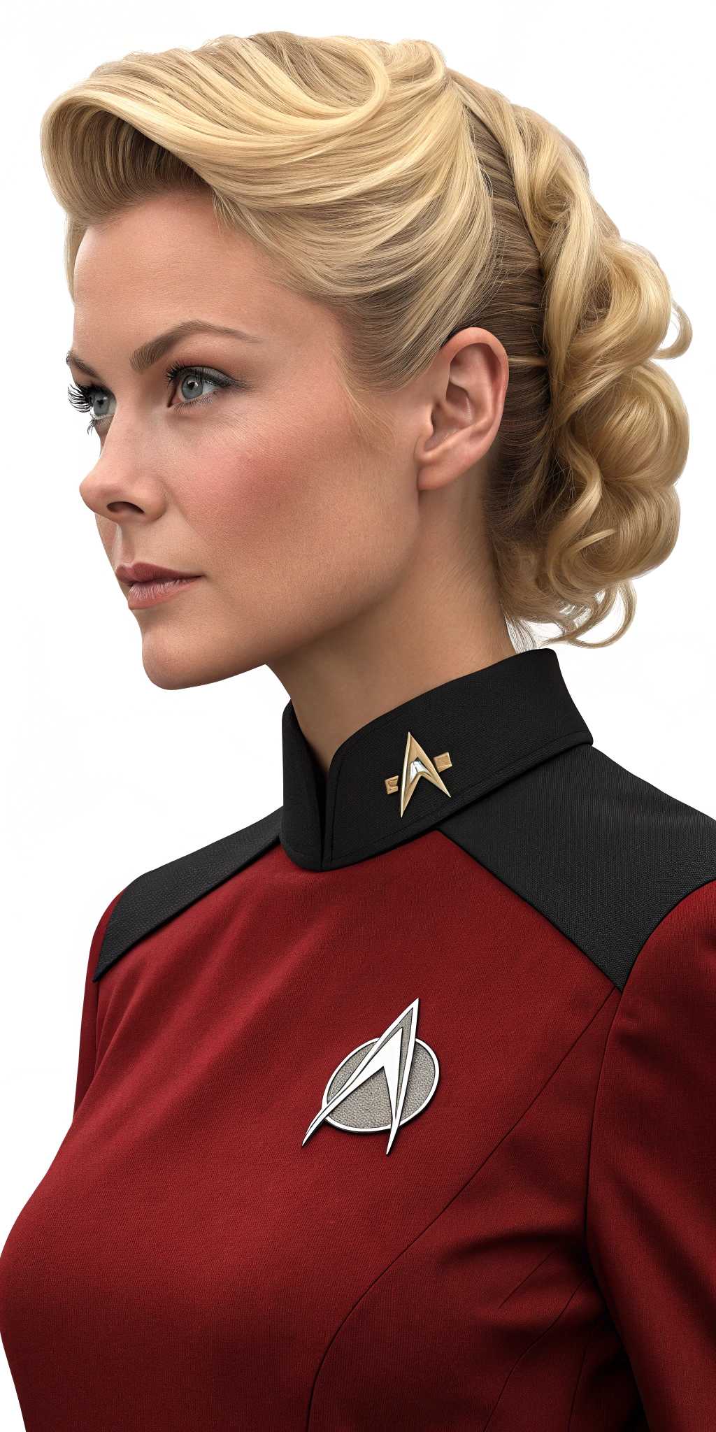 This image features a closeup of a blonde woman wearing a red Starfleet uniform from the Star Trek franchise, identifiable by the distinctive communicator badge on the left side of her large bust, chest. The uniform is a deep maroon with a black collar and a black communicator badge with a silver emblem in the center. The person is also wearing a Starfleet insignia on the left shoulder, which is a silver arrowhead with a gold outline.The hair of the person is styled in a voluminous, 1960sinspired fashion, with waves and curls cascading down the back. The hair color is a light blonde with a touch of golden highlights. The person is also wearing a pair of white earrings with a simple, elegant design.The background is blurred, but it appears to be an interior space with warm, reddish tones, possibly a corridor or room on a spaceship from the Star Trek universe. The overall art style of the image is reminiscent of a fan art or a tribute piece, paying homage to the classic Star Trek aesthetic. The medium appears to be digital, given the sharpness and clarity of the image, The colors are rich and vibrant, with a focus on the deep red of the uniform and the blonde hair, which stands out against the warmer tones of the background.