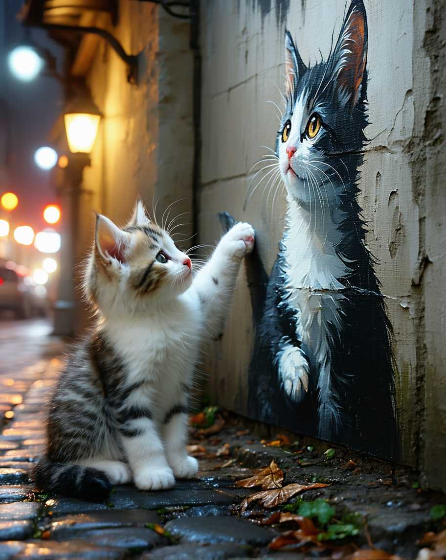 A fluffy, realistic kitten with white and gray fur sits on a cobblestone street at night, lit by warm, soft streetlights in the background. The kitten is reaching out with its paw to touch a detailed black-and-white street art painting of itself on a concrete wall. The painting is highly realistic, matching the kitten’s features, with subtle shading and texture. The scene has a playful and whimsical feel, with a contrast between the soft fur of the kitten and the rough texture of the wall.