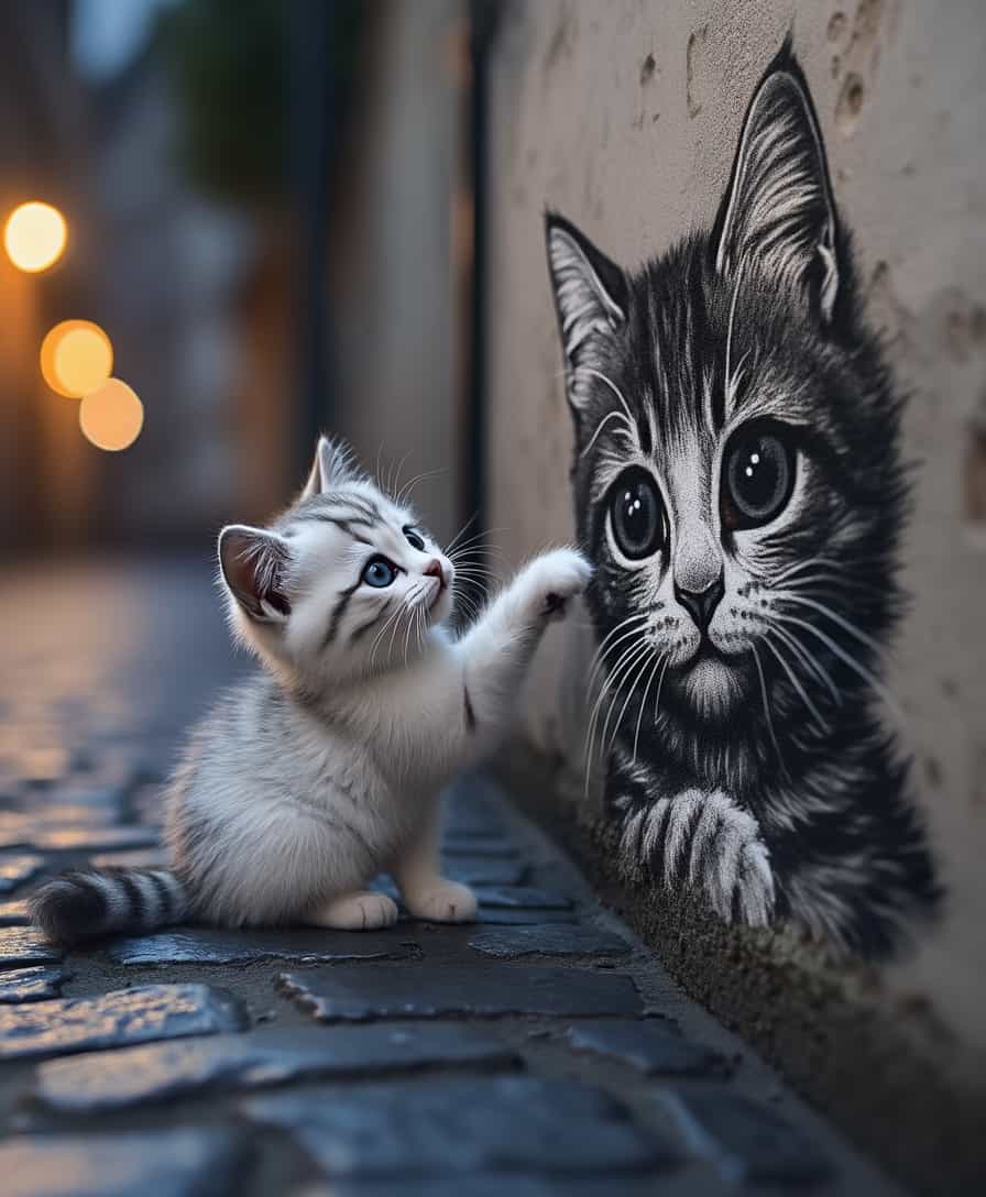 A fluffy, realistic kitten with white and gray fur sits on a cobblestone street at night, lit by warm, soft streetlights in the background. The kitten is reaching out with its paw to touch a detailed black-and-white street art painting of itself on a concrete wall. The painting is highly realistic, matching the kitten’s features, with subtle shading and texture. The scene has a playful and whimsical feel, with a contrast between the soft fur of the kitten and the rough texture of the wall.