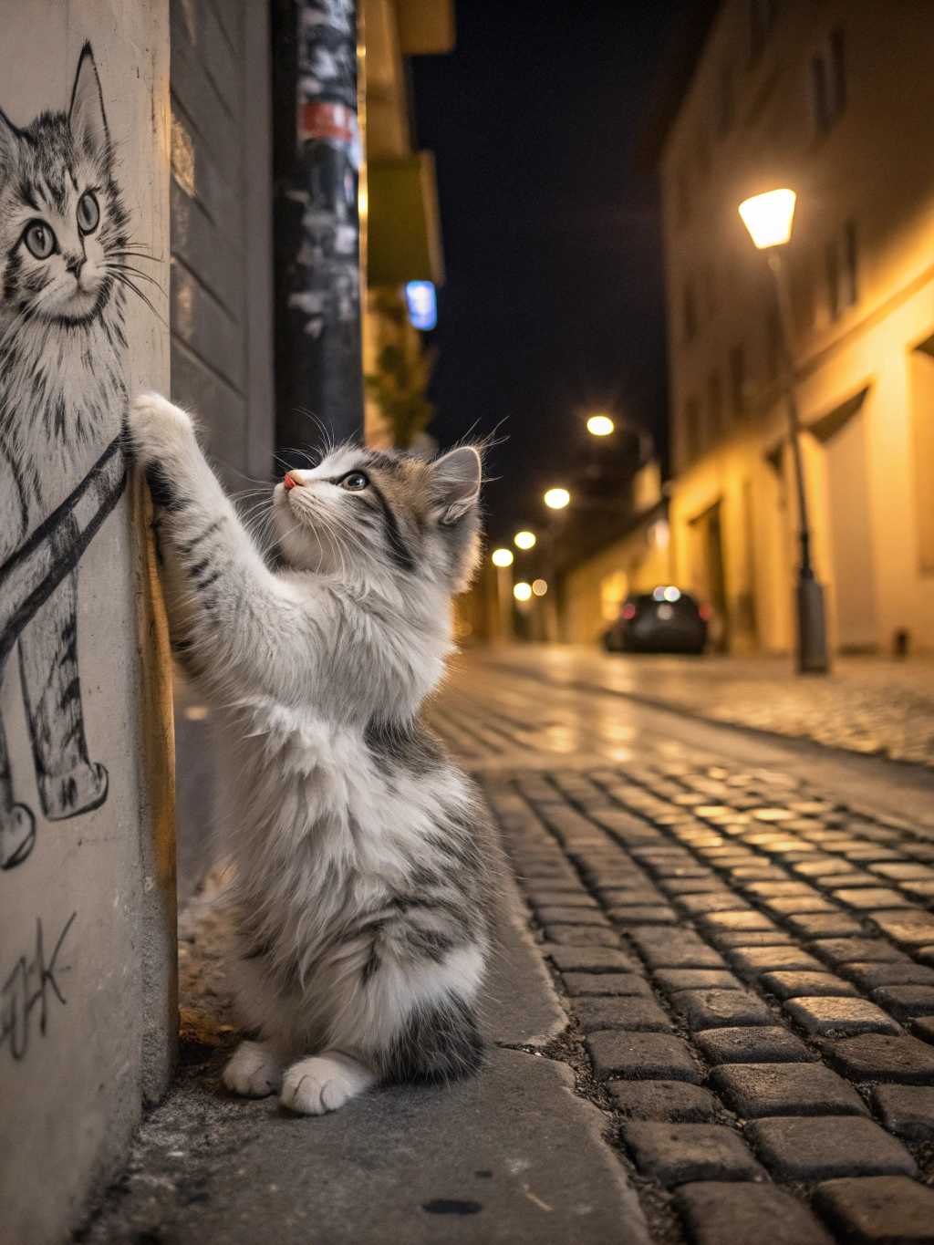 A fluffy, realistic kitten with white and gray fur sits on a cobblestone street at night, lit by warm, soft streetlights in the background. The kitten is reaching out with its paw to touch a detailed black-and-white street art painting of itself on a concrete wall. The painting is highly realistic, matching the kitten’s features, with subtle shading and texture. The scene has a playful and whimsical feel, with a contrast between the soft fur of the kitten and the rough texture of the wall.