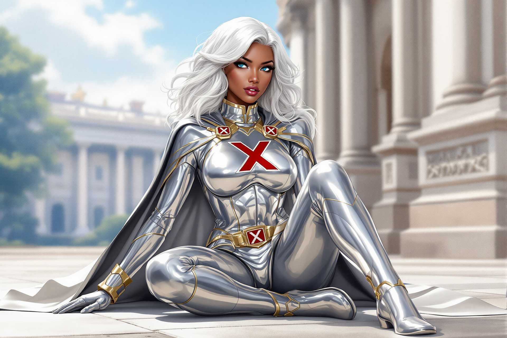 This is an artwork that features a black woman with blue eyes, in a dynamic pose, seated on the ground with one leg crossed over the other. The character is clad in a sleek, metallic silver costume with a high neckline and a matching cape that flows behind them. The costume is adorned with two prominent red X emblems on the chest, and the cuffs and waistband are highlighted with gold trim. The characters hair is a striking shade of white, styled in loose waves that cascade down their back and shoulders.The art style is reminiscent of comic book art, with a focus on detailed anatomy and a high level of realism. The medium appears to be digital painting, given the smooth color gradients and the lack of texture that one might expect from traditional mediums like oil or acrylic paints. The lighting in the image is soft and diffused, casting gentle shadows that contour the characters form and give the costume a reflective quality.In the background, there is a blurred view of a classical building with stone architecture, suggesting an outdoor setting that could be a park or courtyard. The sky is a clear, soft blue, and there are hints of greenery, indicating a serene and possibly historical location.The overall color palette is cool and monochromatic, dominated by shades of silver, white, and gold, with the red X emblems providing a pop of color. The contrast between the metallic sheen of the costume and the softer tones of the background creates a visually striking image.