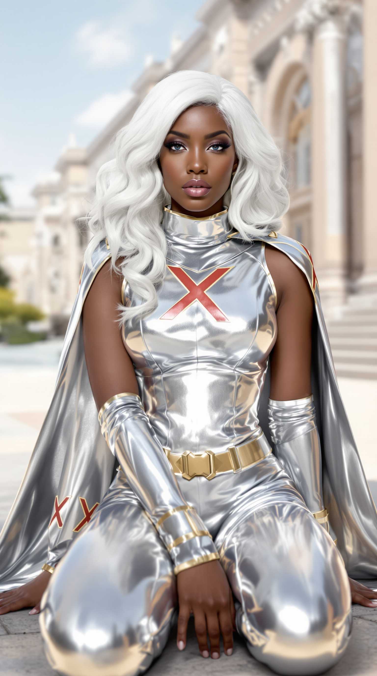 A black woman with blue eyes, in a dynamic pose, seated on the ground with one leg crossed over the other. The character is clad in a sleek, metallic silver costume with a high neckline and a matching cape that flows behind them. The costume is adorned with two prominent red X emblems on the chest, and the cuffs and waistband are highlighted with gold trim. The characters hair is a striking shade of white, styled in loose waves that cascade down their back and shoulders. Detailed anatomy and a high level of realism.  Smooth color gradients and the lack of texture that one might expect from traditional mediums like oil or acrylic paints. The lighting in the image is soft and diffused, casting gentle shadows that contour the characters form and give the costume a reflective quality.In the background, there is a blurred view of a classical building with stone architecture, suggesting an outdoor setting that could be a park or courtyard. The sky is a clear, soft blue, and there are hints of greenery, indicating a serene and possibly historical location.The overall color palette is cool and monochromatic, dominated by shades of silver, white, and gold, with the red X emblems providing a pop of color. The contrast between the metallic sheen of the costume and the softer tones of the background creates a visually striking image.