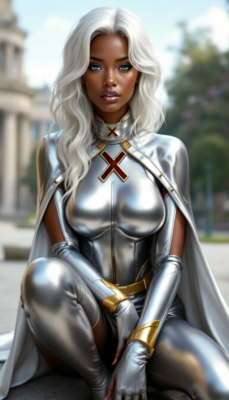 A black woman with blue eyes, in a dynamic pose, seated on the ground with one leg crossed over the other. The character is clad in a sleek, metallic silver costume with a high neckline and a matching cape that flows behind them. The costume is adorned with two prominent red X emblems on the chest, and the cuffs and waistband are highlighted with gold trim. The characters hair is a striking shade of white, styled in loose waves that cascade down their back and shoulders. Detailed anatomy and a high level of realism.  Smooth color gradients and the lack of texture that one might expect from traditional mediums like oil or acrylic paints. The lighting in the image is soft and diffused, casting gentle shadows that contour the characters form and give the costume a reflective quality.In the background, there is a blurred view of a classical building with stone architecture, suggesting an outdoor setting that could be a park or courtyard. The sky is a clear, soft blue, and there are hints of greenery, indicating a serene and possibly historical location.The overall color palette is cool and monochromatic, dominated by shades of silver, white, and gold, with the red X emblems providing a pop of color. The contrast between the metallic sheen of the costume and the softer tones of the background creates a visually striking image.