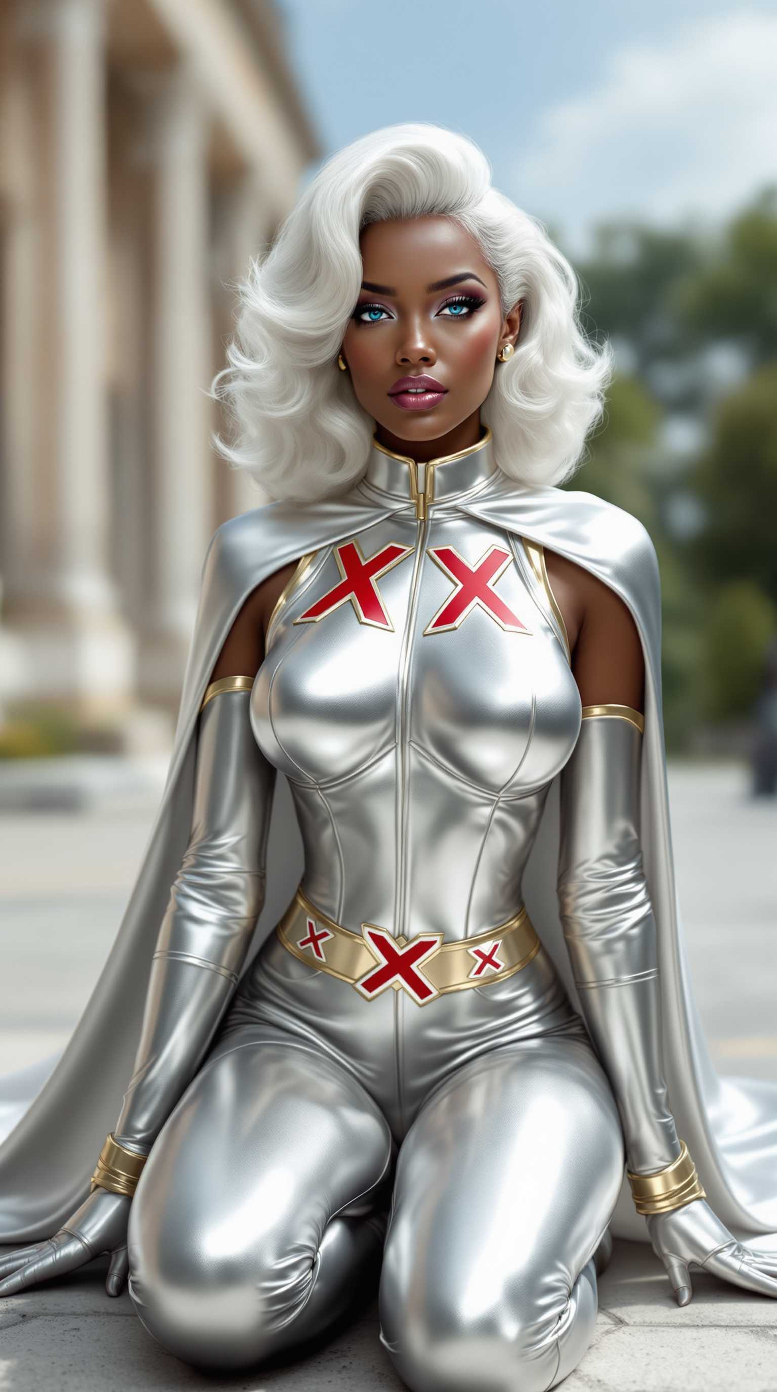 a photo of Marilyn Monroe, A black woman with blue eyes, in a dynamic pose, seated on the ground with one leg crossed over the other. The character is clad in a sleek, metallic silver costume with a high neckline and a matching cape that flows behind them. The costume is adorned with two prominent red X emblems on the chest, and the cuffs and waistband are highlighted with gold trim. The characters hair is a striking shade of white, styled in loose waves that cascade down their back and shoulders. Detailed anatomy and a high level of realism.  Smooth color gradients and the lack of texture that one might expect from traditional mediums like oil or acrylic paints. The lighting in the image is soft and diffused, casting gentle shadows that contour the characters form and give the costume a reflective quality.In the background, there is a blurred view of a classical building with stone architecture, suggesting an outdoor setting that could be a park or courtyard. The sky is a clear, soft blue, and there are hints of greenery, indicating a serene and possibly historical location.The overall color palette is cool and monochromatic, dominated by shades of silver, white, and gold, with the red X emblems providing a pop of color. The contrast between the metallic sheen of the costume and the softer tones of the background creates a visually striking image.