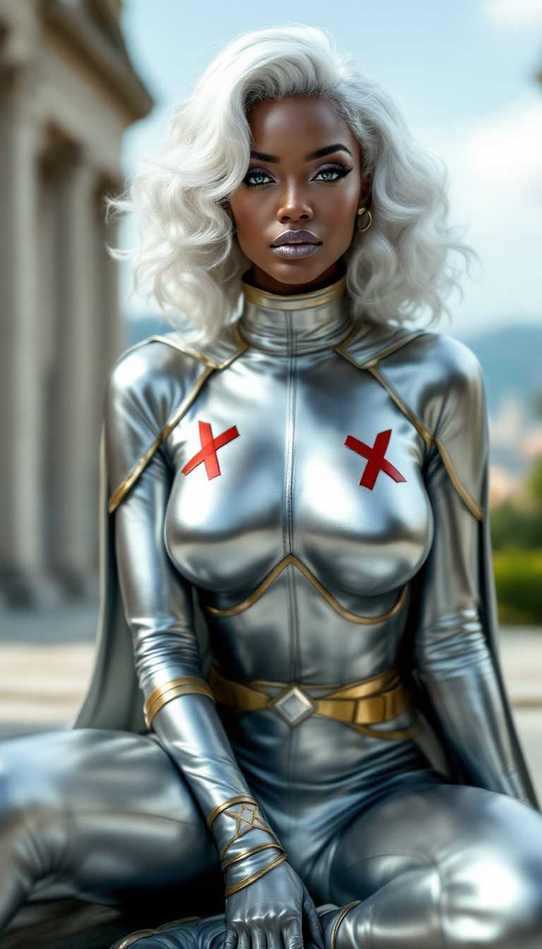 a photo of Marilyn Monroe, A black woman with blue eyes, in a dynamic pose, seated on the ground with one leg crossed over the other. The character is clad in a sleek, metallic silver costume with a high neckline and a matching cape that flows behind them. The costume is adorned with two prominent red X emblems on the chest, and the cuffs and waistband are highlighted with gold trim. The characters hair is a striking shade of white, styled in loose waves that cascade down their back and shoulders. Detailed anatomy and a high level of realism.  Smooth color gradients and the lack of texture that one might expect from traditional mediums like oil or acrylic paints. The lighting in the image is soft and diffused, casting gentle shadows that contour the characters form and give the costume a reflective quality.In the background, there is a blurred view of a classical building with stone architecture, suggesting an outdoor setting that could be a park or courtyard. The sky is a clear, soft blue, and there are hints of greenery, indicating a serene and possibly historical location.The overall color palette is cool and monochromatic, dominated by shades of silver, white, and gold, with the red X emblems providing a pop of color. The contrast between the metallic sheen of the costume and the softer tones of the background creates a visually striking image.