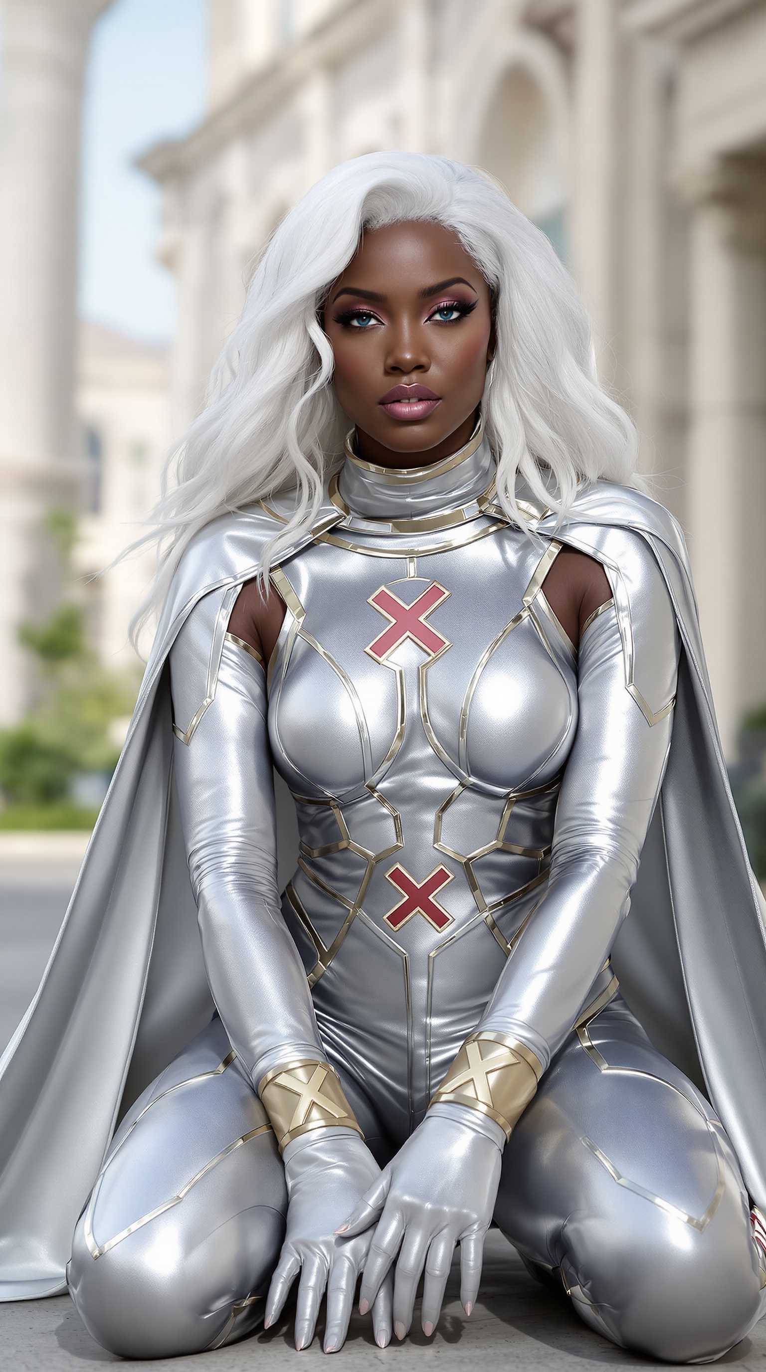 A black woman with blue eyes,who is "Storm"of the X-men in a dynamic pose, seated on the ground with one leg crossed over the other. The character is clad in a sleek, metallic silver costume with a high neckline and a matching cape that flows behind them. The costume is adorned with two prominent red X emblems on the chest, and the cuffs and waistband are highlighted with gold trim. The characters hair is a striking shade of white, styled in loose waves that cascade down their back and shoulders. Detailed anatomy and a high level of realism.  Smooth color gradients and the lack of texture that one might expect from traditional mediums like oil or acrylic paints. The lighting in the image is soft and diffused, casting gentle shadows that contour the characters form and give the costume a reflective quality.In the background, there is a blurred view of a classical building with stone architecture, suggesting an outdoor setting that could be a park or courtyard. The sky is a clear, soft blue, and there are hints of greenery, indicating a serene and possibly historical location.The overall color palette is cool and monochromatic, dominated by shades of silver, white, and gold, with the red X emblems providing a pop of color. The contrast between the metallic sheen of the costume and the softer tones of the background creates a visually striking image.