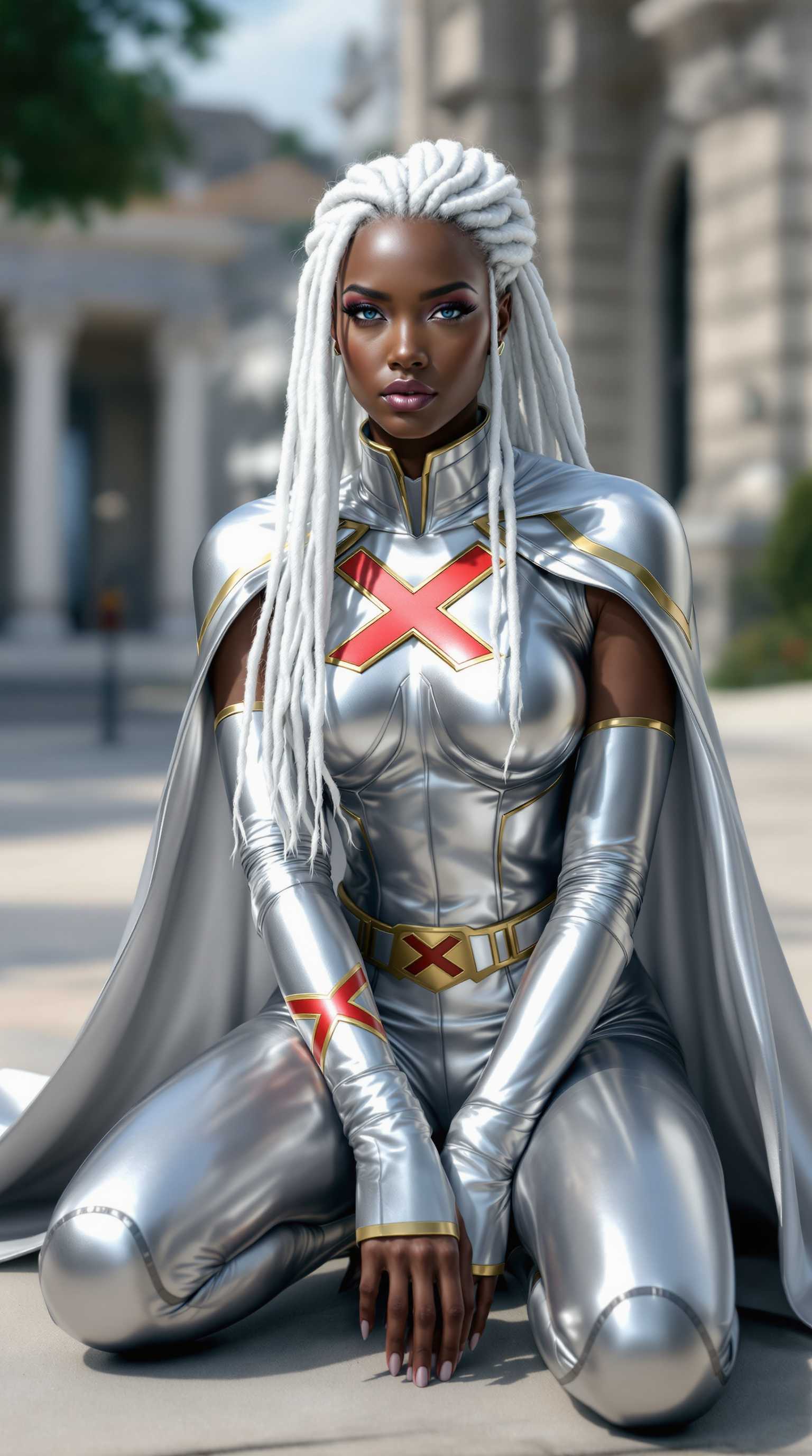A black woman with blue eyes,who is "Storm"of the X-men in a dynamic pose, seated on the ground with one leg crossed over the other. The character is clad in a sleek, metallic silver costume with a high neckline and a matching cape that flows behind them. The costume is adorned with two prominent red X emblems on the chest, and the cuffs and waistband are highlighted with gold trim. The characters hair is a striking shade of white,  styled in loose braids that cascade down their back and shoulders. Detailed anatomy and a high level of realism.  Smooth color gradients and the lack of texture that one might expect from traditional mediums like oil or acrylic paints. The lighting in the image is soft and diffused, casting gentle shadows that contour the characters form and give the costume a reflective quality.In the background, there is a blurred view of a classical building with stone architecture, suggesting an outdoor setting that could be a park or courtyard. The sky is a clear, soft blue, and there are hints of greenery, indicating a serene and possibly historical location.The overall color palette is cool and monochromatic, dominated by shades of silver, white, and gold, with the red X emblems providing a pop of color. The contrast between the metallic sheen of the costume and the softer tones of the background creates a visually striking image.
