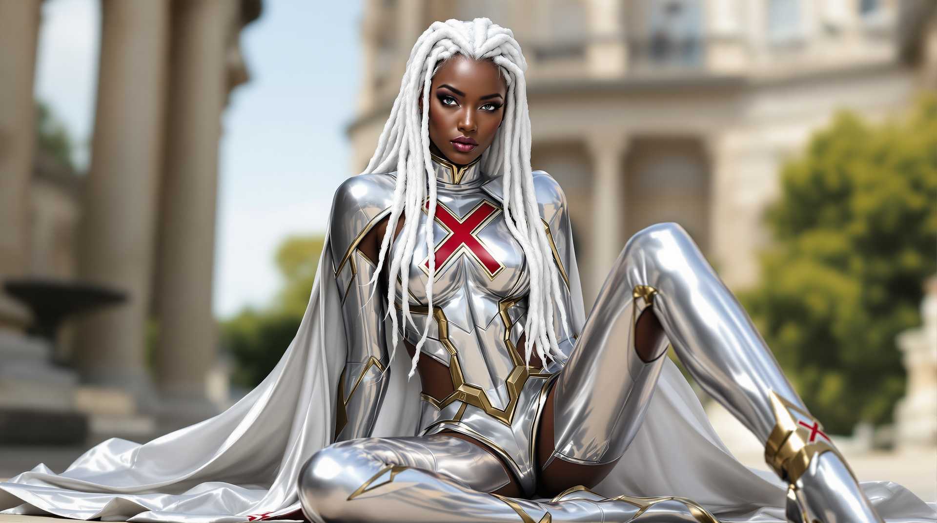 A black woman with blue eyes,who is "Storm"of the X-men in a dynamic pose, seated on the ground with one leg crossed over the other. The character is clad in a sleek, metallic silver costume with a high neckline and a matching cape that flows behind them. The costume is adorned with two prominent red X emblems on the chest, and the cuffs and waistband are highlighted with gold trim. The characters hair is a striking shade of white,  styled in loose braids that cascade down their back and shoulders. Detailed anatomy and a high level of realism.  Smooth color gradients and the lack of texture that one might expect from traditional mediums like oil or acrylic paints. The lighting in the image is soft and diffused, casting gentle shadows that contour the characters form and give the costume a reflective quality.In the background, there is a blurred view of a classical building with stone architecture, suggesting an outdoor setting that could be a park or courtyard. The sky is a clear, soft blue, and there are hints of greenery, indicating a serene and possibly historical location.The overall color palette is cool and monochromatic, dominated by shades of silver, white, and gold, with the red X emblems providing a pop of color. The contrast between the metallic sheen of the costume and the softer tones of the background creates a visually striking image.