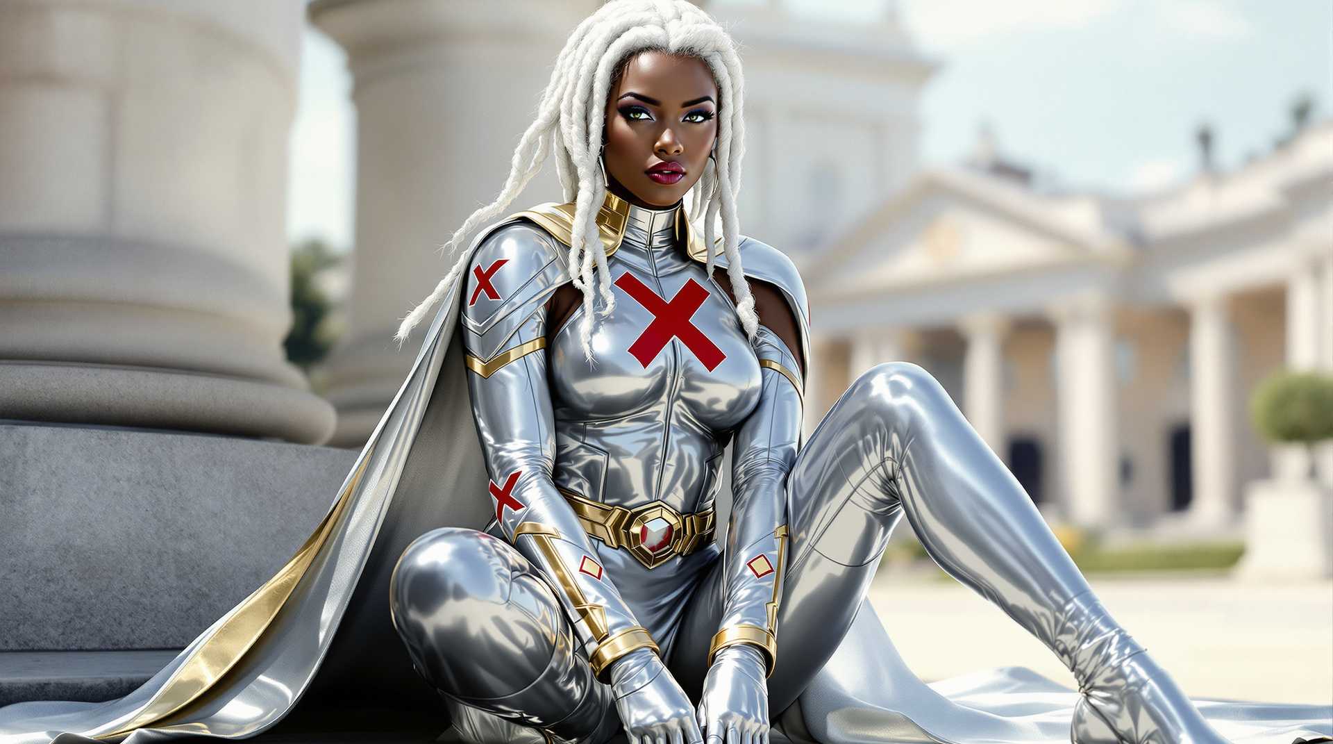  Marilyn Monroe, A black woman with blue eyes,who is "Storm"of the X-men in a dynamic pose, seated on the ground with one leg crossed over the other. The character is clad in a sleek, metallic silver costume with a high neckline and a matching cape that flows behind them. The costume is adorned with two prominent red X emblems on the chest, and the cuffs and waistband are highlighted with gold trim. The characters hair is a striking shade of white,  styled in loose braids that cascade down their back and shoulders. Detailed anatomy and a high level of realism.  Smooth color gradients and the lack of texture that one might expect from traditional mediums like oil or acrylic paints. The lighting in the image is soft and diffused, casting gentle shadows that contour the characters form and give the costume a reflective quality.In the background, there is a blurred view of a classical building with stone architecture, suggesting an outdoor setting that could be a park or courtyard. The sky is a clear, soft blue, and there are hints of greenery, indicating a serene and possibly historical location.The overall color palette is cool and monochromatic, dominated by shades of silver, white, and gold, with the red X emblems providing a pop of color. The contrast between the metallic sheen of the costume and the softer tones of the background creates a visually striking image.