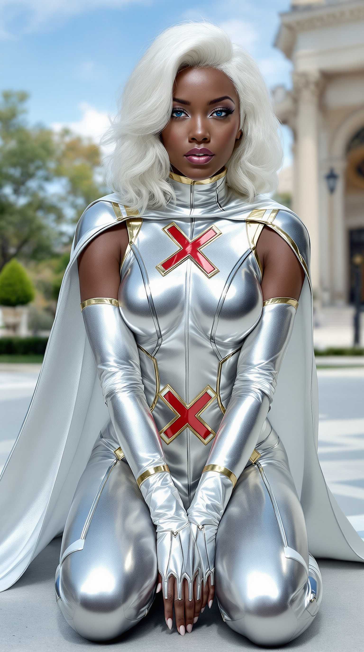  Marilyn Monroe, A black woman with blue eyes,who is "Storm"of the X-men in a dynamic pose, seated on the ground with one leg crossed over the other. The character is clad in a sleek, metallic silver costume with a high neckline and a matching cape that flows behind them. The costume is adorned with two prominent red X emblems on the chest, and the cuffs and waistband are highlighted with gold trim. The characters hair is a striking shade of white,  styled in loose hair that cascade down their back and shoulders. Detailed anatomy and a high level of realism.  Smooth color gradients and the lack of texture that one might expect from traditional mediums like oil or acrylic paints. The lighting in the image is soft and diffused, casting gentle shadows that contour the characters form and give the costume a reflective quality.In the background, there is a blurred view of a classical building with stone architecture, suggesting an outdoor setting that could be a park or courtyard. The sky is a clear, soft blue, and there are hints of greenery, indicating a serene and possibly historical location.The overall color palette is cool and monochromatic, dominated by shades of silver, white, and gold, with the red X emblems providing a pop of color. The contrast between the metallic sheen of the costume and the softer tones of the background creates a visually striking image.