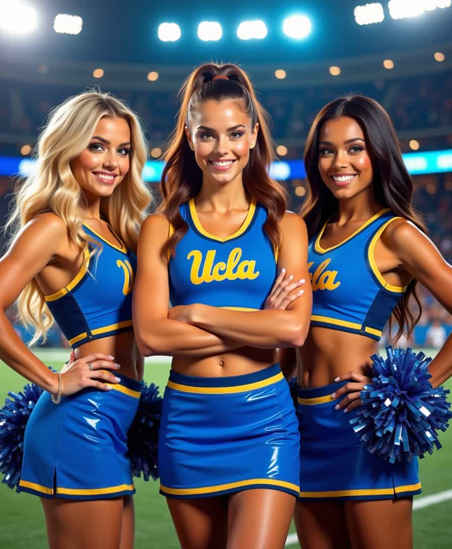 The photograph features three UCLA cheerleaders standing side by side in a dynamic and confident pose. Their attire consists of form-fitting PVC cheerleader skirts and sports bras, designed to emphasize their athletic physiques. The skirts have a striking blue hue with a high-gloss finish, reflecting the light to create a sleek and modern appearance. Each sports bra bears the UCLA logo prominently on the chest.

The first cheerleader has long, wavy blonde hair cascading down her shoulders, styled in loose, glamorous curls that catch the light. Her makeup includes bold eyeliner and shimmering gold eyeshadow, highlighting her bright blue eyes. Her pose is assertive, with one hand resting on her hip and a charismatic smile.

The second cheerleader, standing in the center, has rich auburn hair pulled into a high ponytail, giving her an energetic and spirited look. Her deep green eyes are accentuated with smoky eye makeup, and her lips have a subtle glossy red finish. She stands with her arms crossed over her chest, exuding confidence and poise.

The third cheerleader sports a short, sleek bob with dark brunette hair. Her makeup features winged eyeliner and a nude lip color, complementing her warm brown eyes. She holds a pom-pom in one hand, raised slightly above her head in a cheer-ready stance, displaying her toned midriff and the gleaming texture of her sports bra.

The backdrop is a vibrant stadium setting, bustling with ambient light and activity. Stadium lights create a dynamic interplay of shadows and highlights across the cheerleaders' outfits, enhancing the iridescent quality of the PVC material. The crowd in the background is a blur of movement and color, adding a sense of energy and excitement to the scene.

The lighting is a mix of natural daylight filtering into the open-air venue and artificial stadium lighting, casting a bright and animated glow over the entire composition. The interplay of light across their attire and skin creates a captivating visual with a focus on the gleaming PVC fabric.

Overall, the photograph captures the essence of modern cheerleading: athleticism, energy, and style, set against a backdrop of lively sports entertainment.