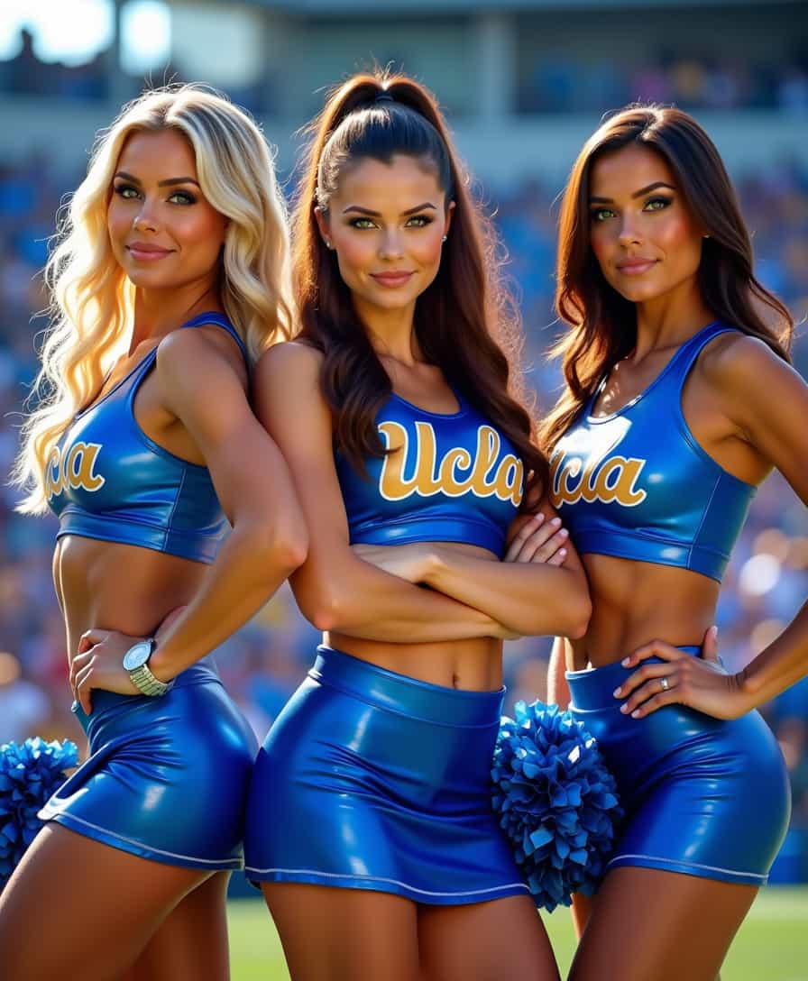 The photograph features three UCLA cheerleaders standing side by side in a dynamic and confident pose. Their attire consists of form-fitting PVC cheerleader skirts and sports bras, designed to emphasize their athletic physiques. The skirts have a striking blue hue with a high-gloss finish, reflecting the light to create a sleek and modern appearance. Each sports bra bears the UCLA logo prominently on the chest.

The first cheerleader has long, wavy blonde hair cascading down her shoulders, styled in loose, glamorous curls that catch the light. Her makeup includes bold eyeliner and shimmering gold eyeshadow, highlighting her bright blue eyes. Her pose is assertive, with one hand resting on her hip and a charismatic smile.

The second cheerleader, standing in the center, has rich auburn hair pulled into a high ponytail, giving her an energetic and spirited look. Her deep green eyes are accentuated with smoky eye makeup, and her lips have a subtle glossy red finish. She stands with her arms crossed over her chest, exuding confidence and poise.

The third cheerleader sports a short, sleek bob with dark brunette hair. Her makeup features winged eyeliner and a nude lip color, complementing her warm brown eyes. She holds a pom-pom in one hand, raised slightly above her head in a cheer-ready stance, displaying her toned midriff and the gleaming texture of her sports bra.

The backdrop is a vibrant stadium setting, bustling with ambient light and activity. Stadium lights create a dynamic interplay of shadows and highlights across the cheerleaders' outfits, enhancing the iridescent quality of the PVC material. The crowd in the background is a blur of movement and color, adding a sense of energy and excitement to the scene.

The lighting is a mix of natural daylight filtering into the open-air venue and artificial stadium lighting, casting a bright and animated glow over the entire composition. The interplay of light across their attire and skin creates a captivating visual with a focus on the gleaming PVC fabric.

Overall, the photograph captures the essence of modern cheerleading: athleticism, energy, and style, set against a backdrop of lively sports entertainment.
