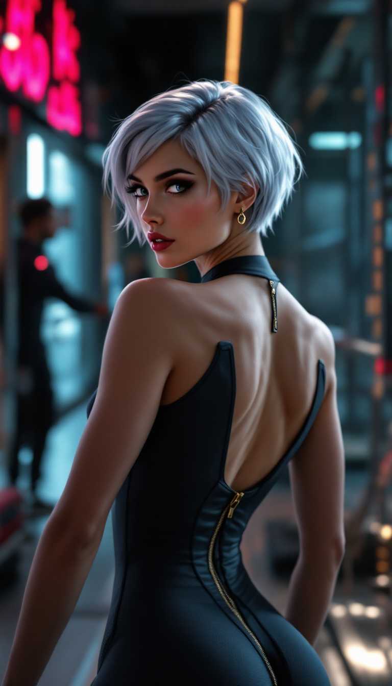 This is a digitally rendered image of a woman, likely created with a 3D modeling and rendering software. The art style is highly stylized and appears to be a blend of realism and fantasy, with a focus on the curvature of the human form and the play of light and shadow.The medium is digital, as evidenced by the smooth gradients and lack of texture that one might expect from a traditional painting. The colors are bright and saturated, with a high contrast that gives the image a dramatic feel. The palette is primarily cool tones, with a few warm accents, such as the golden zipper on the garment.The subject of the image is a muscular female figure with short, silver hair. She is wearing a sleeveless, formfitting bodysuit that clings to her body, highlighting her defined muscles. The bodysuit has a low back and a zipper that runs down the center, with a small, decorative emblem on the lower back. The figures skin is rendered with a high level of detail, showing realistic textures and shadows that give the impression of a living, breathing body.In the background, there is a glimpse of a luxurious interior, with a high ceiling and a large window that allows natural light to flood the space. A decorative piece hangs from the ceiling, adding to the opulent atmosphere of the setting. The overall composition of the image is balanced, with the figure taking up a significant portion of the frame, while the background provides context and depth.