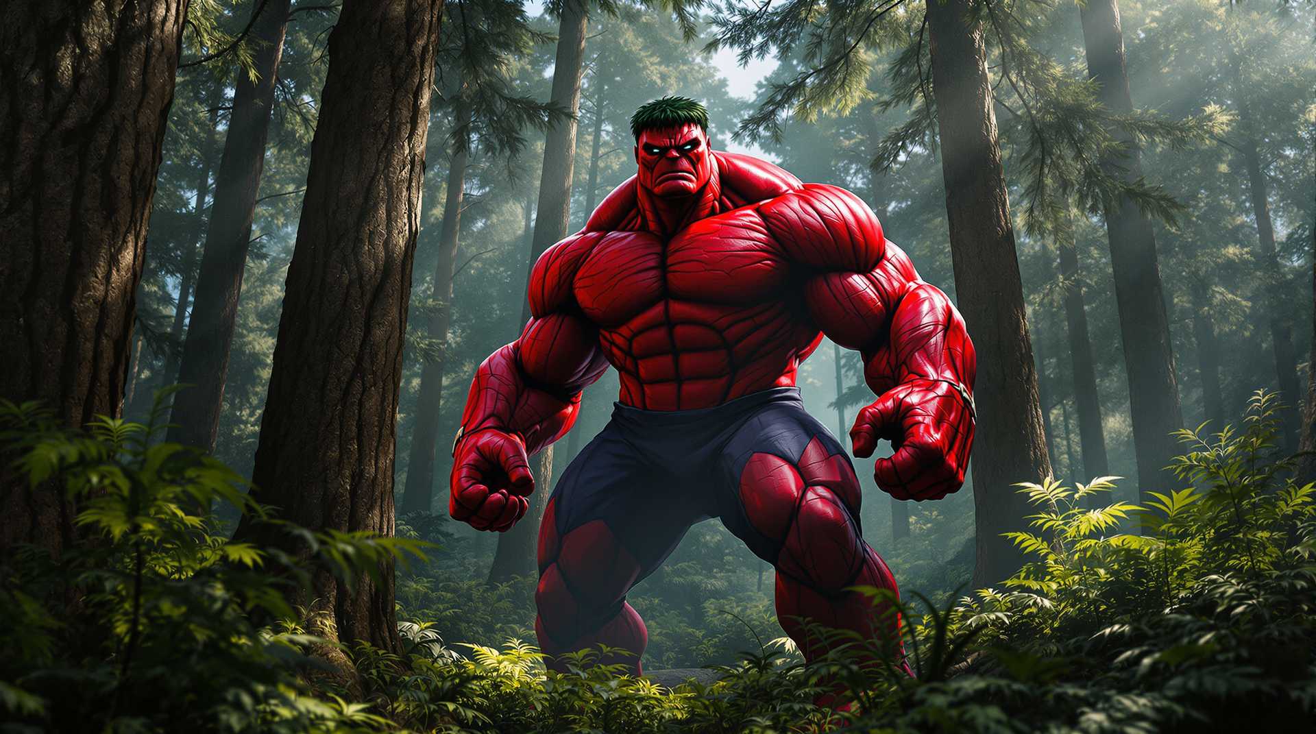 A powerful, muscular Red Hulk stands amidst a dense, misty forest, his vivid crimson skin contrasting sharply with the rich greens and browns of the surrounding trees and underbrush. Sunlight filters through the thick canopy, casting dappled shadows on the forest floor, highlighting the Hulk's formidable physique and the intricate textures of his skin. The scene is framed with towering pine trees in the background, their bark rough and detailed, while ferns and small bushes surround the ground, adding depth to the composition. The mood is intense and dramatic, with a sense of energy and tension, as if the Red Hulk has just emerged from the depths of the woods, ready to unleash his fury. This image is captured in a hyper-realistic style, emphasizing the vivid colors and dynamic contrasts, evoking a sense of raw power and primal energy in the heart of nature.