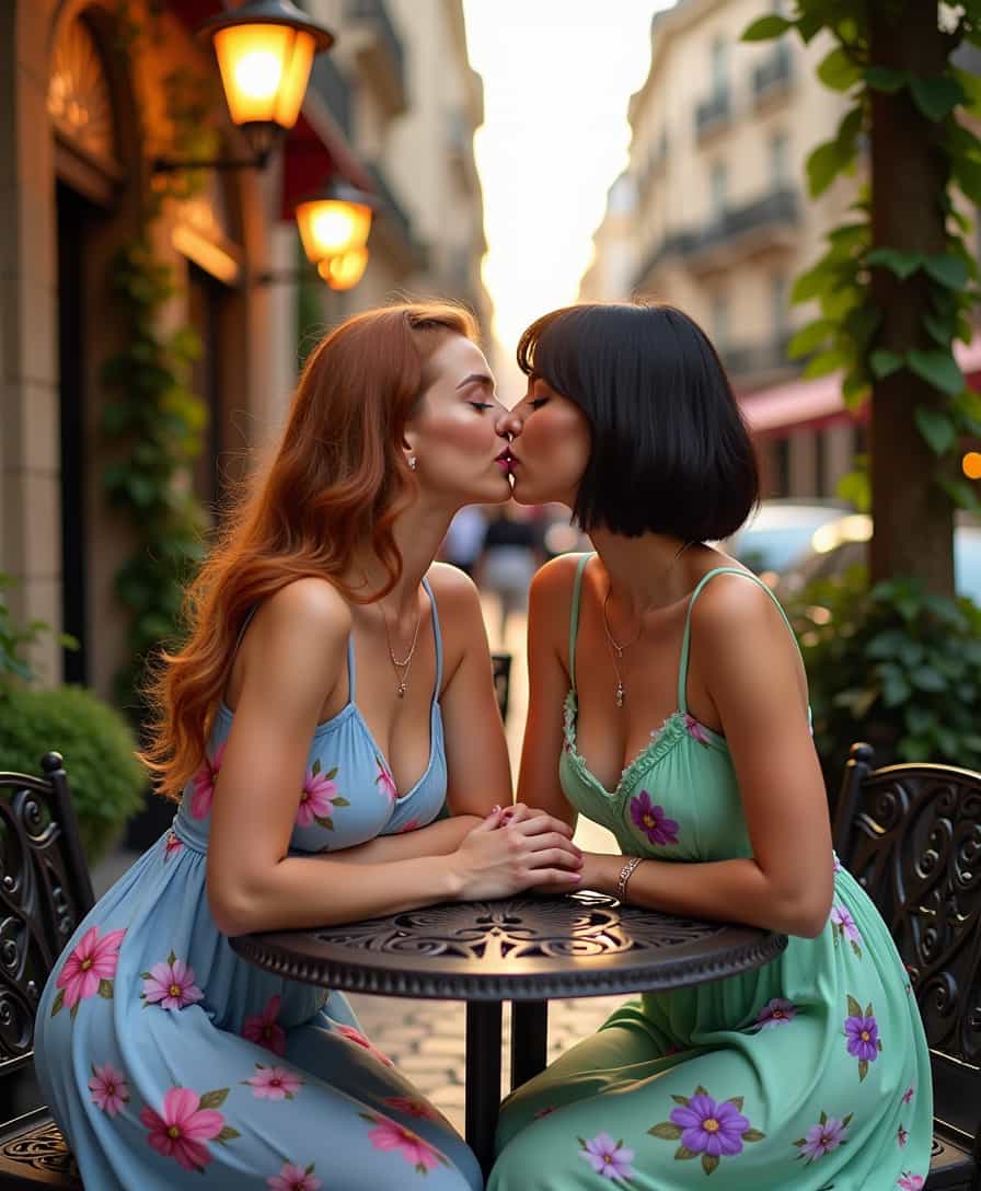 Two stunning women sharing an intimate kiss, situated at a charming Parisian cafe during sunset. Both elegantly seated on wrought iron chairs amidst ornate, round cafe tables. They wear sheer floral sundresses contrasting and complementing each other, one in a pastel blue with delicate pink blooms, the other in a mint green adorned with vivid purple flowers. Their dresses subtly hint at the lines of their figures without overt exposure. One woman possesses long, cascading auburn hair with soft curls catching the golden sunlight, while the other displays a chic bob of jet-black hair, gleaming against the fading day. Their makeup is tastefully done, rosy cheeks and bold lipstick add vibrancy. Slender necklaces and delicate bracelets adorn their necks and wrists. Behind them, the scene depicts vintage street lamps casting a warm glow, and the cafe's intricate exterior is accentuated by climbing ivy. The blend of natural sunset and ambient lamp lighting creates a magical aura, bathing the scene in a warm, romantic glow, subtly emphasizing the emotional connection between them.