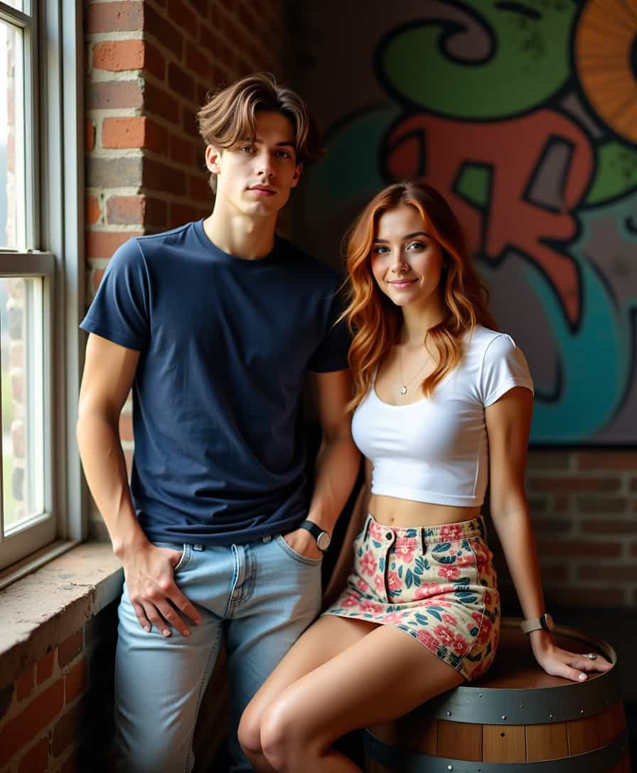 The photo showcases a youthful couple in an intimate setting, both visibly aged 19. The boy leans against a weathered brick wall, wearing a snug-fitting navy blue H&M t-shirt that outlines his athletic build and light-wash Levi's jeans that hang casually on his hips. His styled brown curls are tousled, giving him a laid-back yet vibrant appearance. Next to him, the girl sits on the edge of a wooden barrel, her posture reflecting a playful confidence. She wears a white crop-top from Zara, barely hinting at her midriff, paired with a floral Forever 21 mini skirt that accentuates her legs. Her auburn hair falls in loose waves over her shoulders, complementing her subtle makeup featuring peach-toned lipstick and winged eyeliner.

The setting exudes a sunlit warmth from the large window to the left, casting soft natural light that highlights the duo's features while creating gentle shadows. Behind them, an abstract graffiti mural adds an urban vibe to the cozy scene. The photo captures their youthful energy and burgeoning romance with focus and soft bokeh effects, emphasizing their connection amidst a lively backdrop.