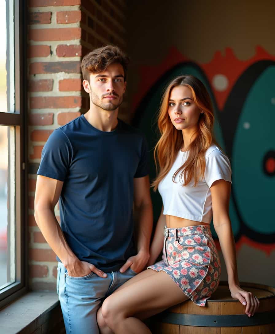 The photo showcases a youthful couple in an intimate setting, both visibly aged 19. The boy leans against a weathered brick wall, wearing a snug-fitting navy blue H&M t-shirt that outlines his athletic build and light-wash Levi's jeans that hang casually on his hips. His styled brown curls are tousled, giving him a laid-back yet vibrant appearance. Next to him, the girl sits on the edge of a wooden barrel, her posture reflecting a playful confidence. She wears a white crop-top from Zara, barely hinting at her midriff, paired with a floral Forever 21 mini skirt that accentuates her legs. Her auburn hair falls in loose waves over her shoulders, complementing her subtle makeup featuring peach-toned lipstick and winged eyeliner.

The setting exudes a sunlit warmth from the large window to the left, casting soft natural light that highlights the duo's features while creating gentle shadows. Behind them, an abstract graffiti mural adds an urban vibe to the cozy scene. The photo captures their youthful energy and burgeoning romance with focus and soft bokeh effects, emphasizing their connection amidst a lively backdrop.