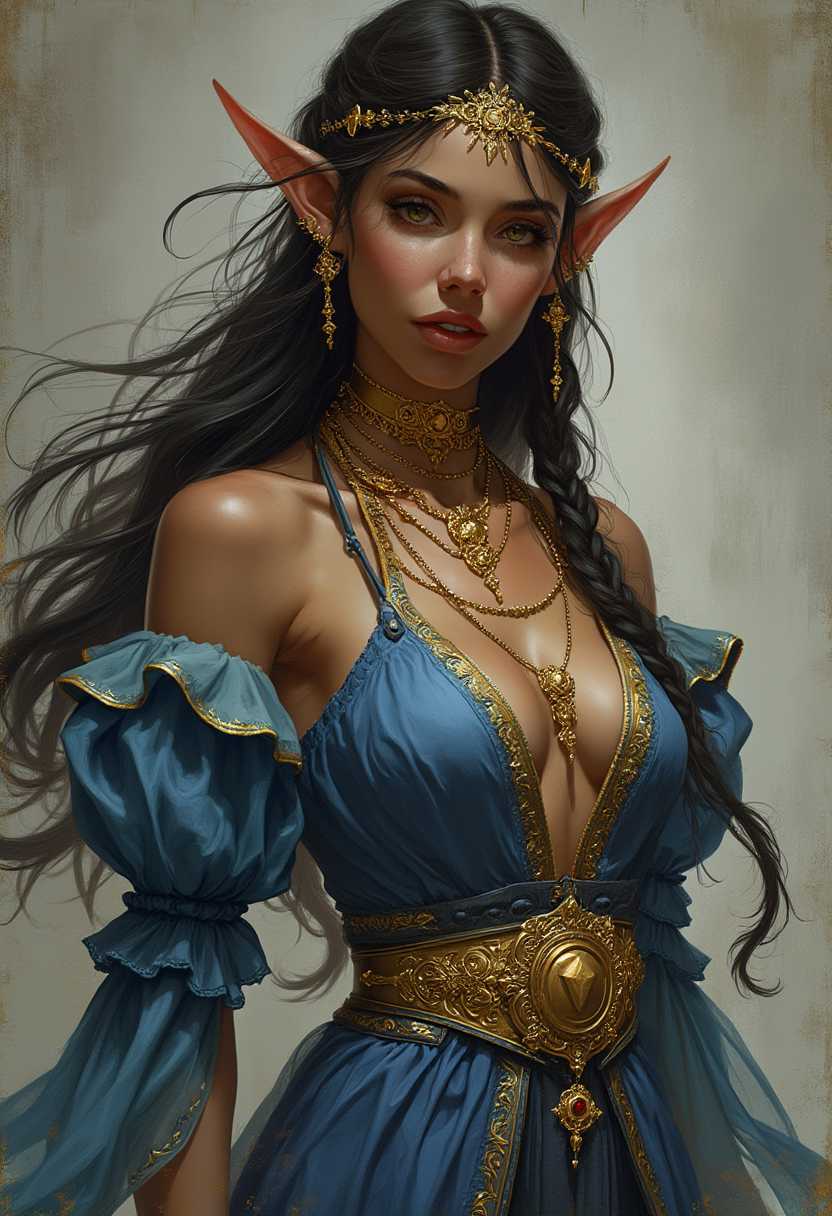 A highly detailed digital painting showcasing an elf woman with an ethereal, otherworldly presence. The artwork features realistic textures and smooth color blending, capturing her intricate facial features, flowing long dark hair styled in loose braids, and ornate gold jewelry, including elaborate headpieces, earrings, and necklaces with intricate patterns. The color palette consists of rich blues and radiant golds, with her warm golden-brown skin beautifully contrasting the cool tones of her attire. 

She wears a formfitting blue garment with golden trim and embroidery, featuring a low neckline that highlights her collarbones, and puffed sleeves that convey grace and movement. A cinched gold belt adorned with a circular pendant accentuates her waist. The background is a subdued, textured gray, providing a neutral backdrop that enhances her striking figure and elaborate attire without distraction. The overall mood is one of mystique and elegance, underscoring the detailed craftsmanship of her jewelry and clothing in a captivating fantasy aesthetic.