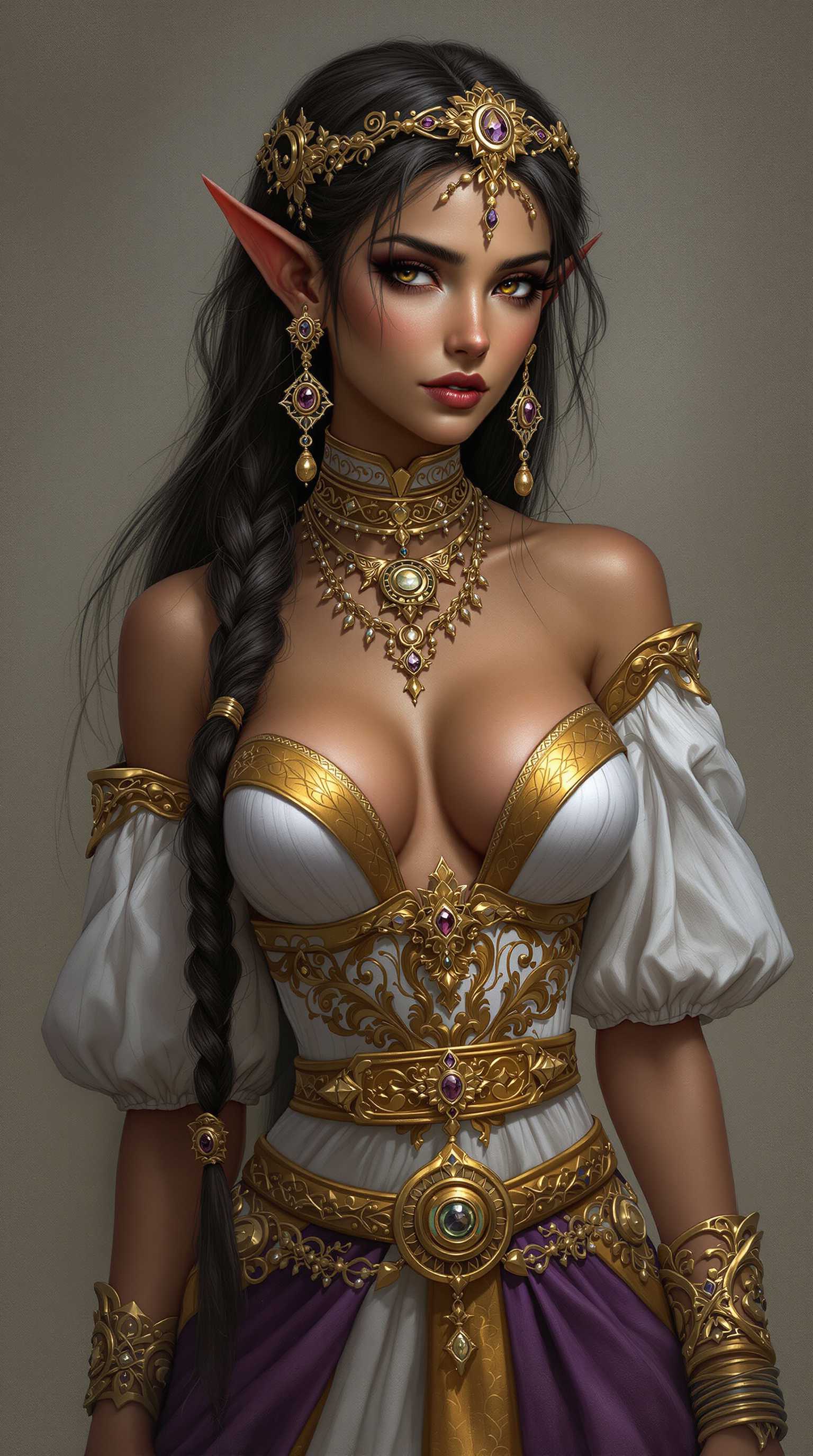 A highly detailed digital painting showcasing an elf woman with an ethereal, otherworldly presence. The artwork features realistic textures and smooth color blending, capturing her intricate facial features, flowing long dark hair styled in loose braids, and ornate gold jewelry, including elaborate headpieces, earrings, and necklaces with intricate patterns. The color palette consists of rich purples and radiant golds, with her warm golden-brown skin beautifully contrasting the cool tones of her attire. 

She wears a formfitting white garment with golden trim and embroidery, featuring a low neckline that highlights her collarbones, and puffed sleeves that convey grace and movement. A cinched gold belt adorned with a circular pendant accentuates her waist. The background is a subdued, textured gray, providing a neutral backdrop that enhances her striking figure,large bust and elaborate attire without distraction. The overall mood is one of mystique and elegance, underscoring the detailed craftsmanship of her jewelry and clothing in a captivating fantasy aesthetic.