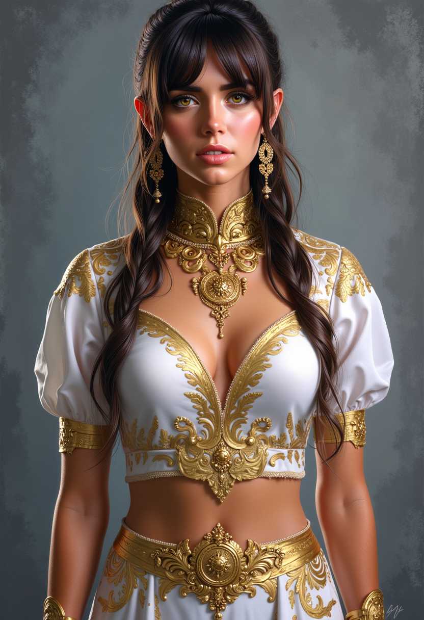 a photo of ANA$, A highly detailed digital painting showcasing an elf woman with an ethereal, otherworldly presence. The artwork features realistic textures and smooth color blending, capturing her intricate facial features, flowing long dark hair styled in loose braids, and ornate gold jewelry, including elaborate headpieces, earrings, and necklaces with intricate patterns. The color palette consists of rich purples and radiant golds, with her warm golden-brown skin beautifully contrasting the cool tones of her attire. 

She wears a formfitting white garment with golden trim and embroidery, featuring a low neckline that highlights her collarbones, and puffed sleeves that convey grace and movement. A cinched gold belt adorned with a circular pendant accentuates her waist. The background is a subdued, textured gray, providing a neutral backdrop that enhances her striking figure,large bust and elaborate attire without distraction. The overall mood is one of mystique and elegance, underscoring the detailed craftsmanship of her jewelry and clothing in a captivating fantasy aesthetic.