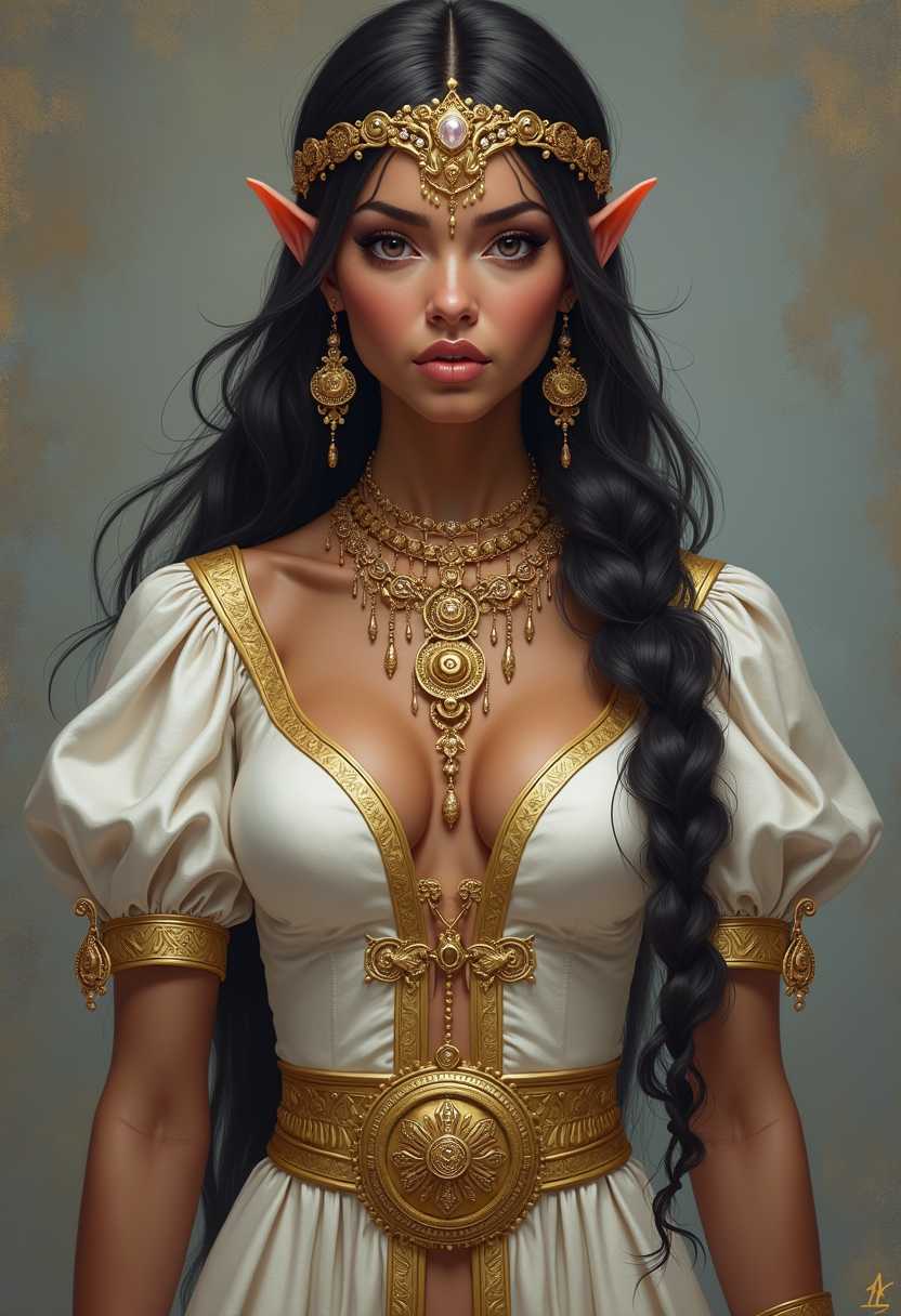 scenery style, a photo of ANA$, A highly detailed digital painting showcasing an elf woman with an ethereal, otherworldly presence. The artwork features realistic textures and smooth color blending, capturing her intricate facial features, flowing long dark hair styled in loose braids, and ornate gold jewelry, including elaborate headpieces, earrings, and necklaces with intricate patterns. The color palette consists of rich purples and radiant golds, with her warm golden-brown skin beautifully contrasting the cool tones of her attire. 

She wears a formfitting white garment with golden trim and embroidery, featuring a low neckline that highlights her collarbones, and puffed sleeves that convey grace and movement. A cinched gold belt adorned with a circular pendant accentuates her waist. The background is a subdued, textured gray, providing a neutral backdrop that enhances her striking figure,large bust and elaborate attire without distraction. The overall mood is one of mystique and elegance, underscoring the detailed craftsmanship of her jewelry and clothing in a captivating fantasy aesthetic.
