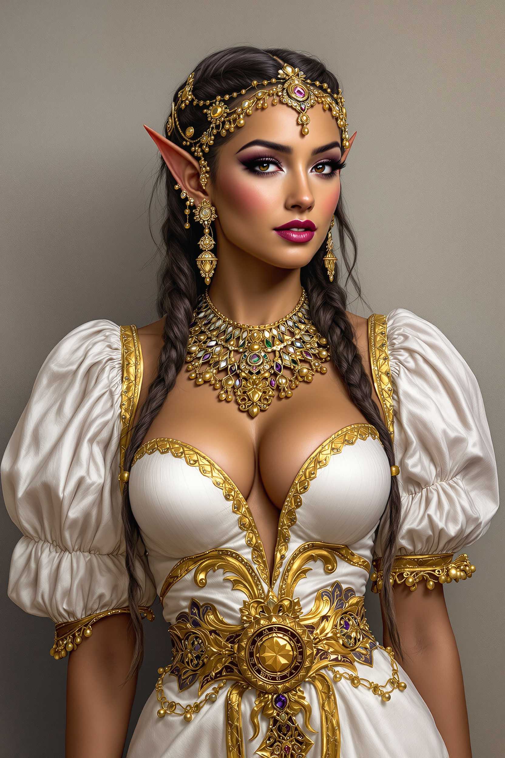 a photo of Marilyn Monroe,  A highly detailed digital painting showcasing an elf woman with an ethereal, otherworldly presence. The artwork features realistic textures and smooth color blending, capturing her intricate facial features, flowing long dark hair styled in loose braids, and ornate gold jewelry, including elaborate headpieces, earrings, and necklaces with intricate patterns. The color palette consists of rich purples and radiant golds, with her warm golden-brown skin beautifully contrasting the cool tones of her attire. 

She wears a formfitting white garment with golden trim and embroidery, featuring a low neckline that highlights her collarbones, and puffed sleeves that convey grace and movement. A cinched gold belt adorned with a circular pendant accentuates her waist. The background is a subdued, textured gray, providing a neutral backdrop that enhances her striking figure,large bust and elaborate attire without distraction. The overall mood is one of mystique and elegance, underscoring the detailed craftsmanship of her jewelry and clothing in a captivating fantasy aesthetic.