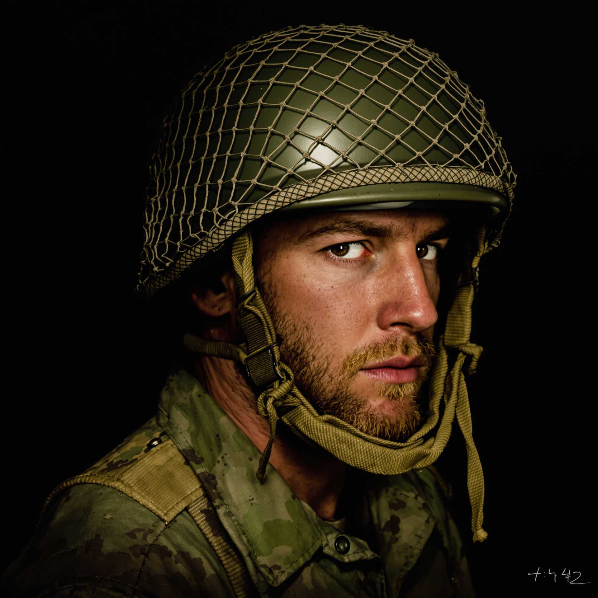 This image is a closeup portrait of a person wearing a military helmet. The helmet is olive green with a netting attached to the top, which is a common feature in military headgear for protection against shrapnel. The netting appears to be made of a coarse, braided material, and it has a weathered look, suggesting it has been used for some time.The person is wearing a military uniform that is also olive green, with a collar that is turned up. The uniform has a worn and faded appearance, with some areas showing signs of dirt and discoloration. The persons expression is not visible, but the visible part of the face shows signs of stubble and a rugged, weathered appearance.The background of the image is dark and nondescript, with a gradient of dark tones that fade into blackness, focusing the viewers attention on the subject. The lighting in the image is dramatic, with a high contrast between the dark background and the subject, which gives the image a moody and intense feel.The art style of the image is realistic, with attention to the textures and details of the subjects clothing and equipment. The medium appears to be digital, given the smoothness of the colors and the lack of brush strokes or other traditional painting techniques.The colors in the image are primarily earthy tones, with the green of the uniform and helmet standing out against the dark background. There are also hints of brown and black in the uniform and the netting, adding to the overall military aesthetic of the image.