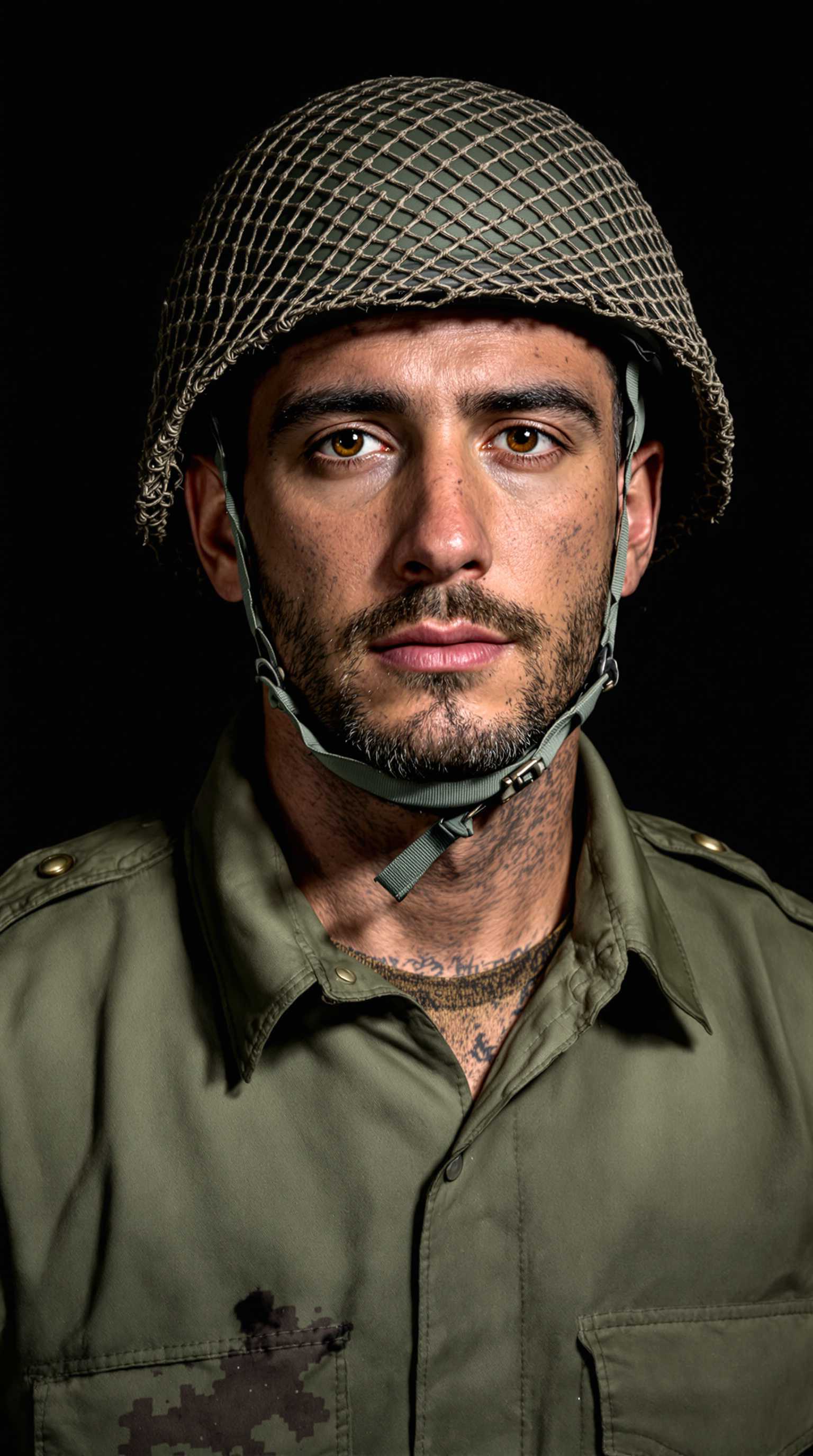 This image is a closeup portrait of a person wearing a military helmet. The helmet is olive green with a netting attached to the top, which is a common feature in military headgear for protection against shrapnel. The netting appears to be made of a coarse, braided material, and it has a weathered look, suggesting it has been used for some time.The person is wearing a military uniform that is also olive green, with a collar that is turned up. The uniform has a worn and faded appearance, with some areas showing signs of dirt and discoloration. The persons expression is not visible, but the visible part of the face shows signs of stubble and a rugged, weathered appearance.The background of the image is dark and nondescript, with a gradient of dark tones that fade into blackness, focusing the viewers attention on the subject. The lighting in the image is dramatic, with a high contrast between the dark background and the subject, which gives the image a moody and intense feel.The art style of the image is realistic, with attention to the textures and details of the subjects clothing and equipment. The medium appears to be digital, given the smoothness of the colors and the lack of brush strokes or other traditional painting techniques.The colors in the image are primarily earthy tones, with the green of the uniform and helmet standing out against the dark background. There are also hints of brown and black in the uniform and the netting, adding to the overall military aesthetic of the image.