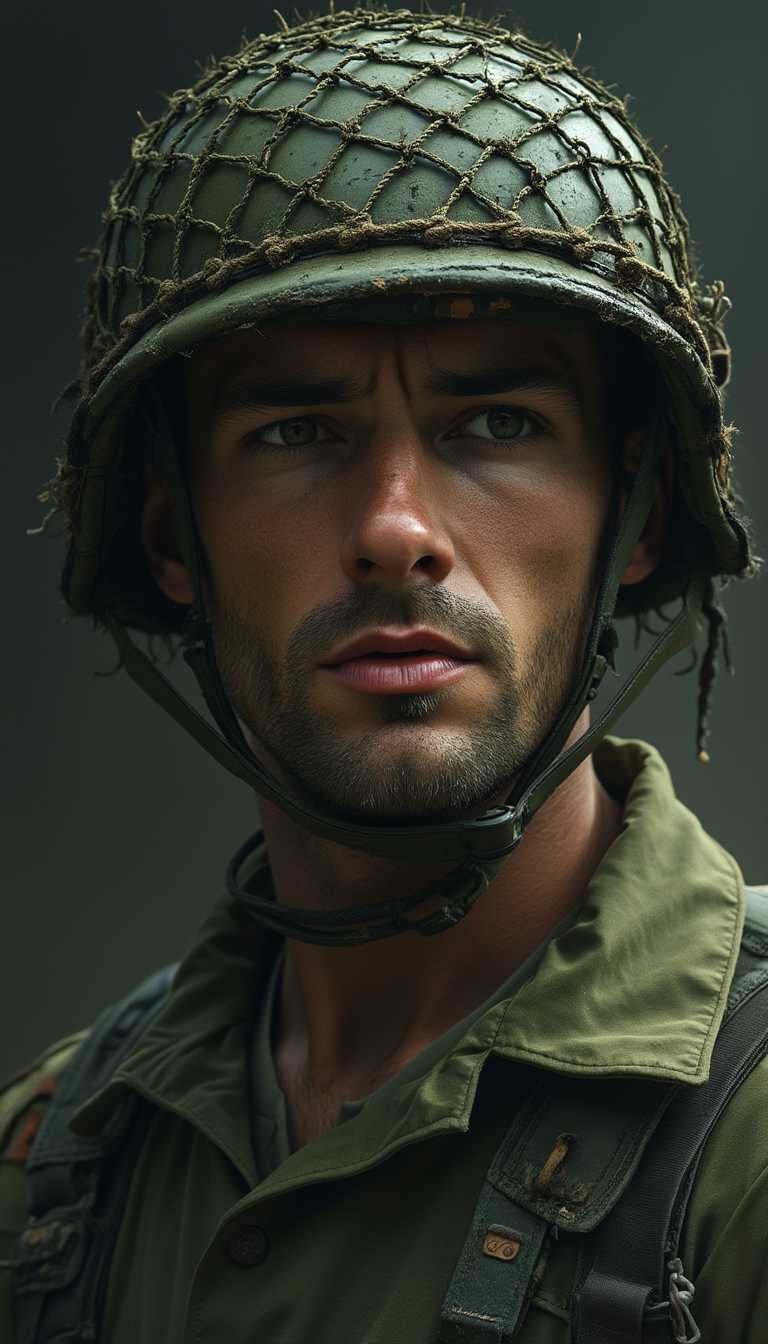 This image is a closeup portrait of a person wearing a military helmet. The helmet is olive green with a netting attached to the top, which is a common feature in military headgear for protection against shrapnel. The netting appears to be made of a coarse, braided material, and it has a weathered look, suggesting it has been used for some time.The person is wearing a military uniform that is also olive green, with a collar that is turned up. The uniform has a worn and faded appearance, with some areas showing signs of dirt and discoloration. The persons expression is not visible, but the visible part of the face shows signs of stubble and a rugged, weathered appearance.The background of the image is dark and nondescript, with a gradient of dark tones that fade into blackness, focusing the viewers attention on the subject. The lighting in the image is dramatic, with a high contrast between the dark background and the subject, which gives the image a moody and intense feel.The art style of the image is realistic, with attention to the textures and details of the subjects clothing and equipment. The medium appears to be digital, given the smoothness of the colors and the lack of brush strokes or other traditional painting techniques.The colors in the image are primarily earthy tones, with the green of the uniform and helmet standing out against the dark background. There are also hints of brown and black in the uniform and the netting, adding to the overall military aesthetic of the image.