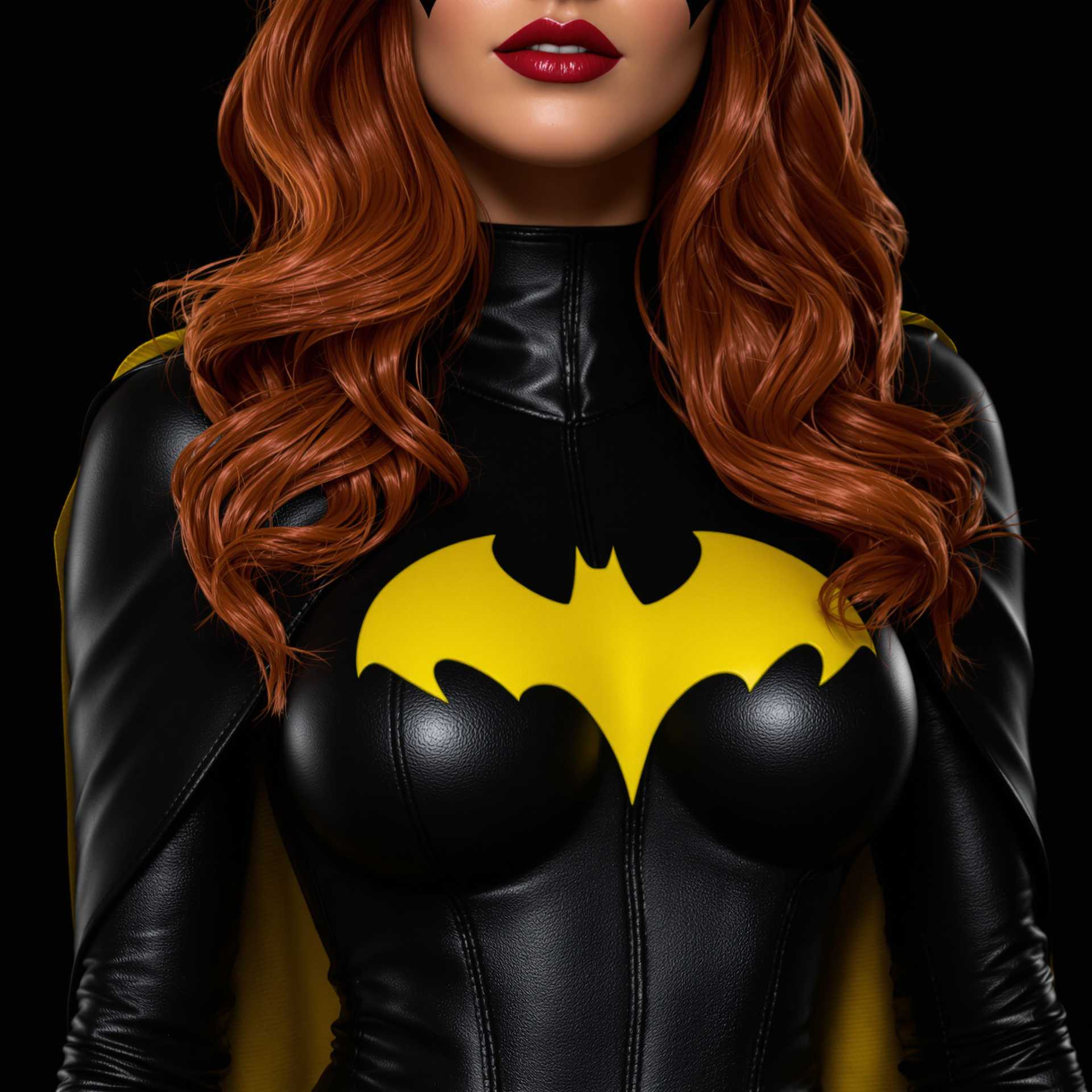 This image is a digital artwork that features a closeup of Batgirl dressed in a black and yellow costume with a bat emblem, reminiscent of the superhero Batgirl. The character is wearing a sleek, formfitting suit with a high neckline and a cape draped over one shoulder. The suit has a glossy, leatherlike texture, and the emblem is a bright, bold yellow against the black background.The characters hair is a rich, fiery red, styled in long, flowing waves that cascade down the back and over the shoulders. The hair has a realistic sheen and volume, with individual strands that catch the light, giving it a lifelike quality.The art style is highly detailed and realistic, with a focus on textures and lighting that give the image a threedimensional feel. The rendering is smooth and polished, with a high level of detail in the clothing, hair, and skin. The lighting is dramatic, with shadows that accentuate the contours of the character and the folds of the costume.The medium appears to be a 3D rendering, given the smooth surfaces, the way light interacts with the materials, and the subtle reflections and highlights. The use of lighting and shadow adds depth and dimension to the image, making the character and the costume stand out against the dark background.Overall, the image is a striking portrayal of a superheroine, rendered with attention to detail and a cinematic quality that suggests it could be from a comic book, a video game, or a highquality animation.