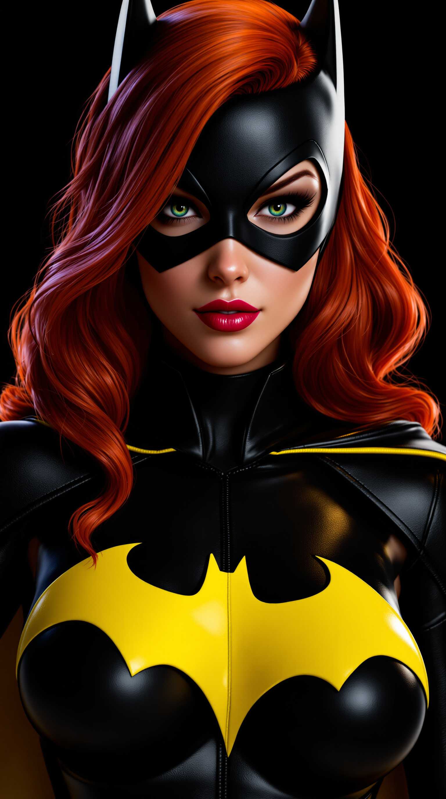 This image is a digital artwork that features a closeup of Batgirl dressed in a black and yellow costume with a bat emblem, reminiscent of the superhero Batgirl. The character is wearing a sleek, formfitting suit with a high neckline and a cape draped over one shoulder. The suit has a glossy, leatherlike texture, and the emblem is a bright, bold yellow against the black background.The characters hair is a rich, fiery red, styled in long, flowing waves that cascade down the back and over the shoulders. The hair has a realistic sheen and volume, with individual strands that catch the light, giving it a lifelike quality.The art style is highly detailed and realistic, with a focus on textures and lighting that give the image a threedimensional feel. The rendering is smooth and polished, with a high level of detail in the clothing, hair, and skin. The lighting is dramatic, with shadows that accentuate the contours of the character and the folds of the costume.The medium appears to be a 3D rendering, given the smooth surfaces, the way light interacts with the materials, and the subtle reflections and highlights. The use of lighting and shadow adds depth and dimension to the image, making the character and the costume stand out against the dark background.Overall, the image is a striking portrayal of a superheroine, rendered with attention to detail and a cinematic quality that suggests it could be from a comic book, a video game, or a highquality animation.