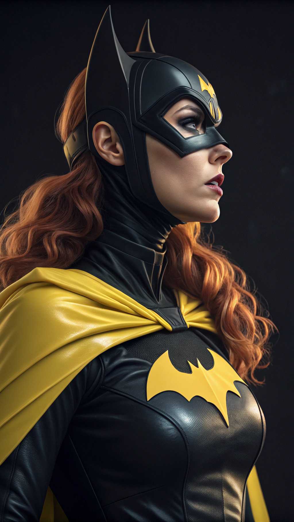 This image is a digital artwork that features a closeup of Batgirl dressed in a black and yellow costume with a bat emblem, reminiscent of the superhero Batgirl. The character is wearing a sleek, formfitting suit with a high neckline and a cape draped over one shoulder. The suit has a glossy, leatherlike texture, and the emblem is a bright, bold yellow against the black background.The characters hair is a rich, fiery red, styled in long, flowing waves that cascade down the back and over the shoulders. The hair has a realistic sheen and volume, with individual strands that catch the light, giving it a lifelike quality.The art style is highly detailed and realistic, with a focus on textures and lighting that give the image a threedimensional feel. The rendering is smooth and polished, with a high level of detail in the clothing, hair, and skin. The lighting is dramatic, with shadows that accentuate the contours of the character and the folds of the costume.The medium appears to be a 3D rendering, given the smooth surfaces, the way light interacts with the materials, and the subtle reflections and highlights. The use of lighting and shadow adds depth and dimension to the image, making the character and the costume stand out against the dark background.Overall, the image is a striking portrayal of a superheroine, rendered with attention to detail and a cinematic quality that suggests it could be from a comic book, a video game, or a highquality animation.