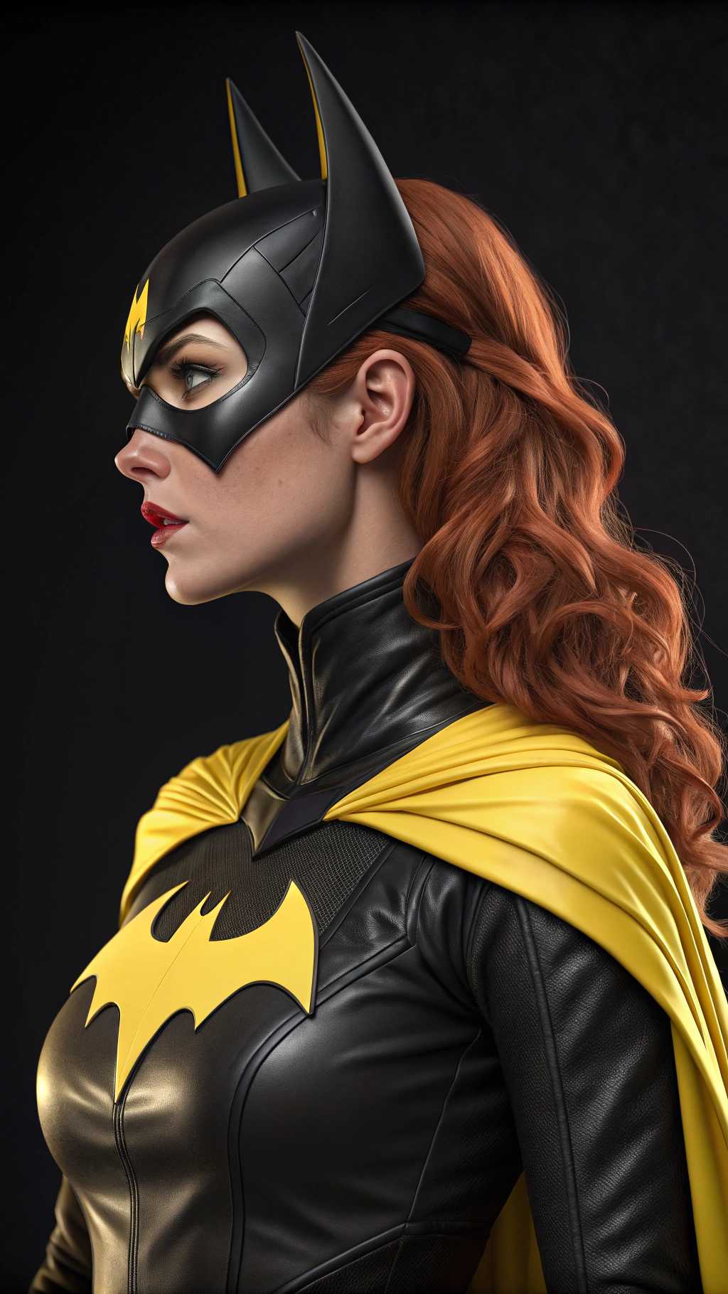 This image is a digital artwork that features a closeup of Batgirl dressed in a black and yellow costume with a bat emblem, reminiscent of the superhero Batgirl. The character is wearing a sleek, formfitting suit with a high neckline and a cape draped over one shoulder. The suit has a glossy, leatherlike texture, and the emblem is a bright, bold yellow against the black background.The characters hair is a rich, fiery red, styled in long, flowing waves that cascade down the back and over the shoulders. The hair has a realistic sheen and volume, with individual strands that catch the light, giving it a lifelike quality.The art style is highly detailed and realistic, with a focus on textures and lighting that give the image a threedimensional feel. The rendering is smooth and polished, with a high level of detail in the clothing, hair, and skin. The lighting is dramatic, with shadows that accentuate the contours of the character and the folds of the costume.The medium appears to be a 3D rendering, given the smooth surfaces, the way light interacts with the materials, and the subtle reflections and highlights. The use of lighting and shadow adds depth and dimension to the image, making the character and the costume stand out against the dark background.Overall, the image is a striking portrayal of a superheroine, rendered with attention to detail and a cinematic quality that suggests it could be from a comic book, a video game, or a highquality animation.
