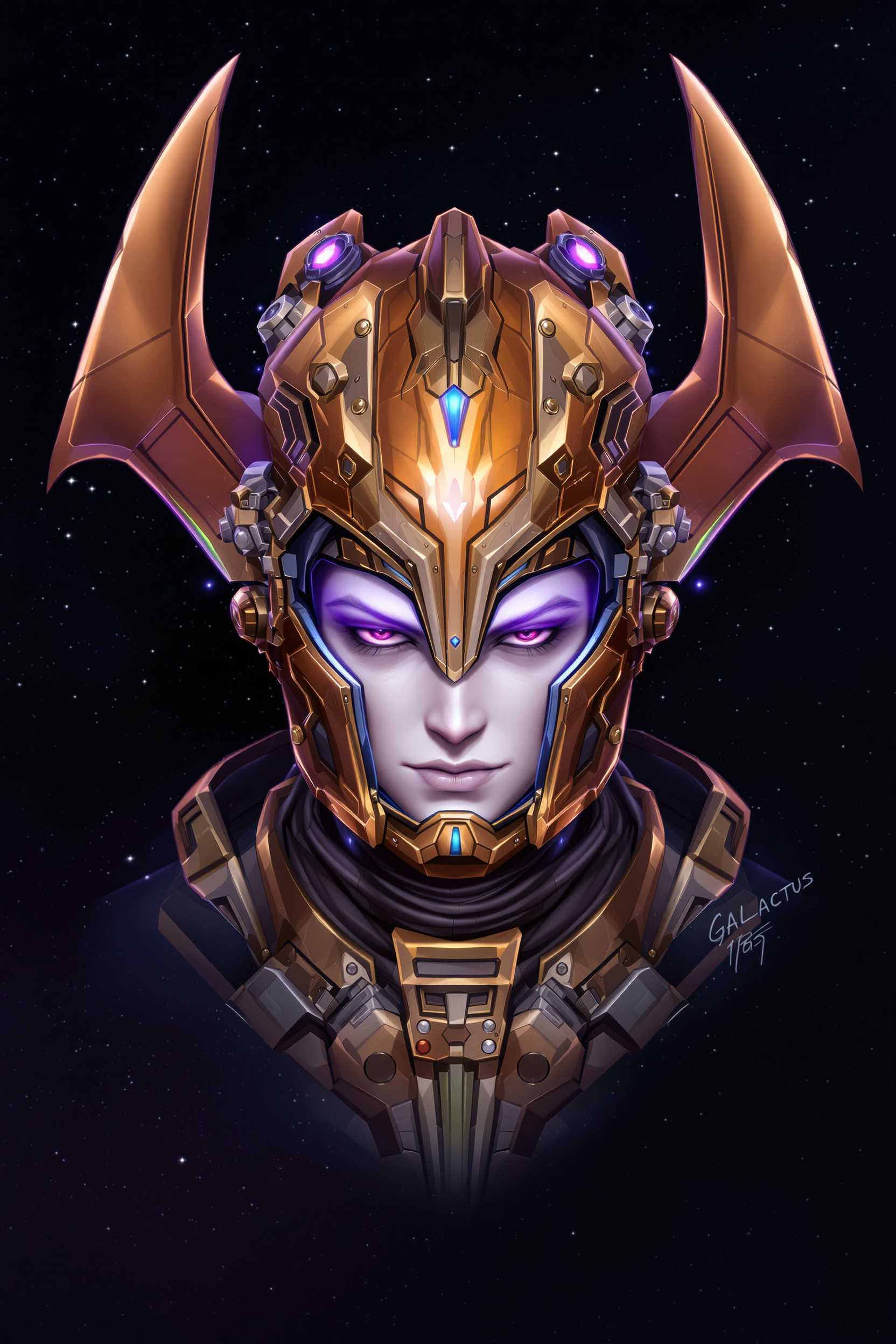 This image is a digital artwork that depicts a character wearing a highly detailed and intricate helmet or headgear. The art style is a blend of science fiction and fantasy, with a focus on mechanical and organic elements. The medium appears to be a digital painting, given the smooth gradients and seamless blending of colors.The helmet is the central object in the image, and it is the most detailed. It has a metallic texture with a gradient of colors ranging from a deep, rich bronze to a lighter, almost copper hue. The helmet is adorned with various mechanical parts, including what seem to be gears, bolts, and conduits. These elements are highlighted with blue and purple lights, which give the helmet a sense of advanced technology and power.The helmet is worn by a character with a human face, which is partially obscured by the helmets visor. The face is detailed with realistic features, such as eyes, eyebrows, and a mouth, and it has a solemn and determined expression. The skin tone of the face is a pale, almost grayish color, which contrasts with the warm tones of the helmet.The helmet is attached to a pair of large, angular wings or flaps that extend outward from the sides. These wings are also detailed with mechanical elements and have a similar color palette to the helmet. They are designed to provide lift or propulsion, suggesting that the helmet is a form of spacecraft or advanced flying apparatus.The background of the image is a deep, starry space, filled with countless stars and nebulae. The darkness of space is punctuated by the stars, which are rendered in various sizes and colors, creating a sense of depth and vastness. The overall effect is one of awe and the infinite possibilities of the universe.The signature GALACTUS is visible in the bottom right corner of the image, indicating the artist or creator of this piece. The signature is stylized with a futuristic font that complements the overall theme of the artwork.