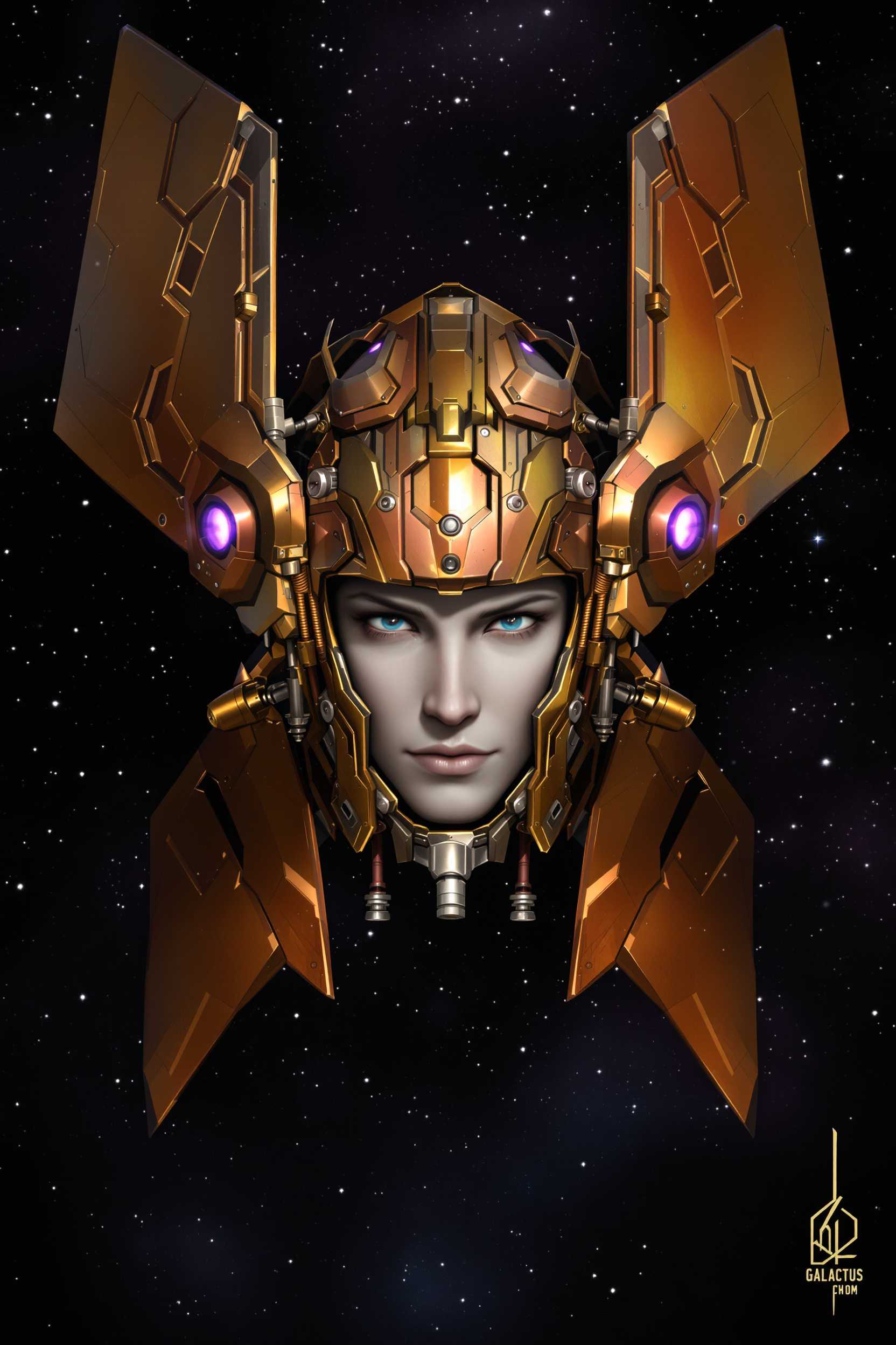 This image is a digital artwork that depicts a character wearing a highly detailed and intricate helmet or headgear. The art style is a blend of science fiction and fantasy, with a focus on mechanical and organic elements. The medium appears to be a digital painting, given the smooth gradients and seamless blending of colors.The helmet is the central object in the image, and it is the most detailed. It has a metallic texture with a gradient of colors ranging from a deep, rich bronze to a lighter, almost copper hue. The helmet is adorned with various mechanical parts, including what seem to be gears, bolts, and conduits. These elements are highlighted with blue and purple lights, which give the helmet a sense of advanced technology and power.The helmet is worn by a character with a human face, which is partially obscured by the helmets visor. The face is detailed with realistic features, such as eyes, eyebrows, and a mouth, and it has a solemn and determined expression. The skin tone of the face is a pale, almost grayish color, which contrasts with the warm tones of the helmet.The helmet is attached to a pair of large, angular wings or flaps that extend outward from the sides. These wings are also detailed with mechanical elements and have a similar color palette to the helmet. They are designed to provide lift or propulsion, suggesting that the helmet is a form of spacecraft or advanced flying apparatus.The background of the image is a deep, starry space, filled with countless stars and nebulae. The darkness of space is punctuated by the stars, which are rendered in various sizes and colors, creating a sense of depth and vastness. The overall effect is one of awe and the infinite possibilities of the universe.The signature GALACTUS is visible in the bottom right corner of the image, indicating the artist or creator of this piece. The signature is stylized with a futuristic font that complements the overall theme of the artwork.