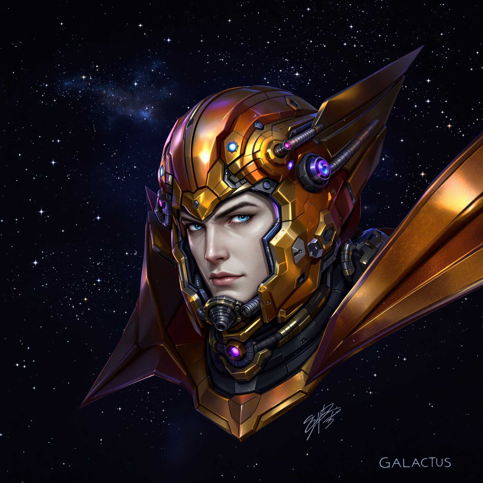 This image is a digital artwork that depicts a character wearing a highly detailed and intricate helmet or headgear. The art style is a blend of science fiction and fantasy, with a focus on mechanical and organic elements. The medium appears to be a digital painting, given the smooth gradients and seamless blending of colors.The helmet is the central object in the image, and it is the most detailed. It has a metallic texture with a gradient of colors ranging from a deep, rich bronze to a lighter, almost copper hue. The helmet is adorned with various mechanical parts, including what seem to be gears, bolts, and conduits. These elements are highlighted with blue and purple lights, which give the helmet a sense of advanced technology and power.The helmet is worn by a character with a human face, which is partially obscured by the helmets visor. The face is detailed with realistic features, such as eyes, eyebrows, and a mouth, and it has a solemn and determined expression. The skin tone of the face is a pale, almost grayish color, which contrasts with the warm tones of the helmet.The helmet is attached to a pair of large, angular wings or flaps that extend outward from the sides. These wings are also detailed with mechanical elements and have a similar color palette to the helmet. They are designed to provide lift or propulsion, suggesting that the helmet is a form of spacecraft or advanced flying apparatus.The background of the image is a deep, starry space, filled with countless stars and nebulae. The darkness of space is punctuated by the stars, which are rendered in various sizes and colors, creating a sense of depth and vastness. The overall effect is one of awe and the infinite possibilities of the universe.The signature GALACTUS is visible in the bottom right corner of the image, indicating the artist or creator of this piece. The signature is stylized with a futuristic font that complements the overall theme of the artwork.