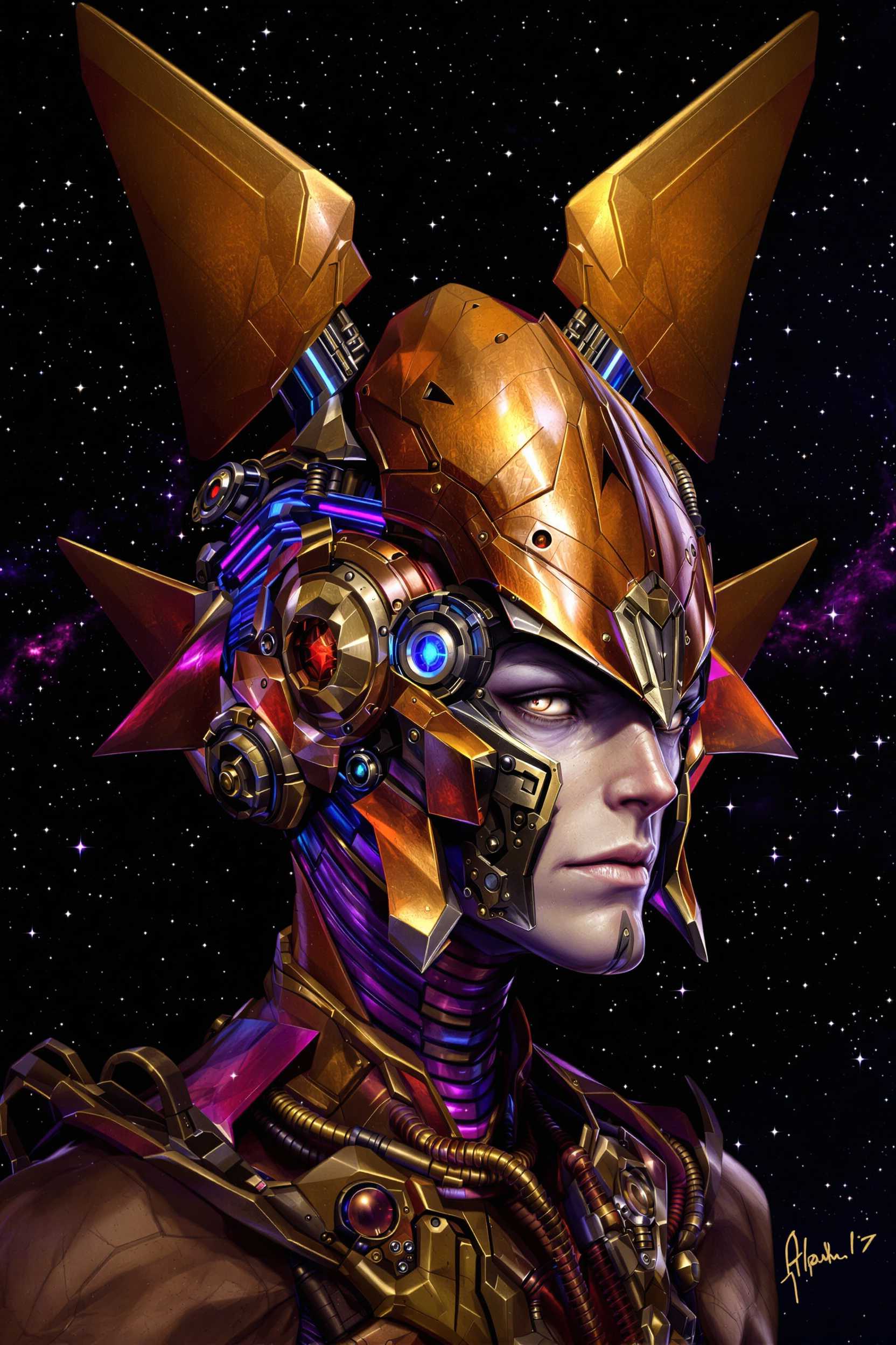 This image is a digital artwork that depicts a alien man wearing a highly detailed and intricate helmet or headgear. The art style is a blend of science fiction and fantasy, with a focus on mechanical and organic elements. The medium appears to be a digital painting, given the smooth gradients and seamless blending of colors.The helmet is the central object in the image, and it is the most detailed. It has a metallic purple, texture with a gradient of colors ranging from a deep, rich bronze to a lighter, almost copper hue. The helmet is adorned with various mechanical parts, including what seem to be gears, bolts, and conduits. These elements are highlighted with blue and purple lights, which give the helmet a sense of advanced technology and power.The helmet is worn by a character with a human face, which is partially obscured by the helmets visor. The face is detailed with realistic features, such as eyes, eyebrows, and a mouth, and it has a solemn and determined expression. The skin tone of the face is a pale, almost grayish color, which contrasts with the warm tones of the helmet.The helmet is attached to a pair of large, angular antennas or flaps that extend outward from the sides. These wings are also detailed with mechanical elements and have a similar color palette to the helmet. They are designed to provide lift or propulsion, suggesting that the helmet is a form of spacecraft or advanced flying apparatus.The background of the image is a deep, starry space, filled with countless stars and nebulae. The darkness of space is punctuated by the stars, which are rendered in various sizes and colors, creating a sense of depth and vastness. The overall effect is one of awe and the infinite possibilities of the universe.