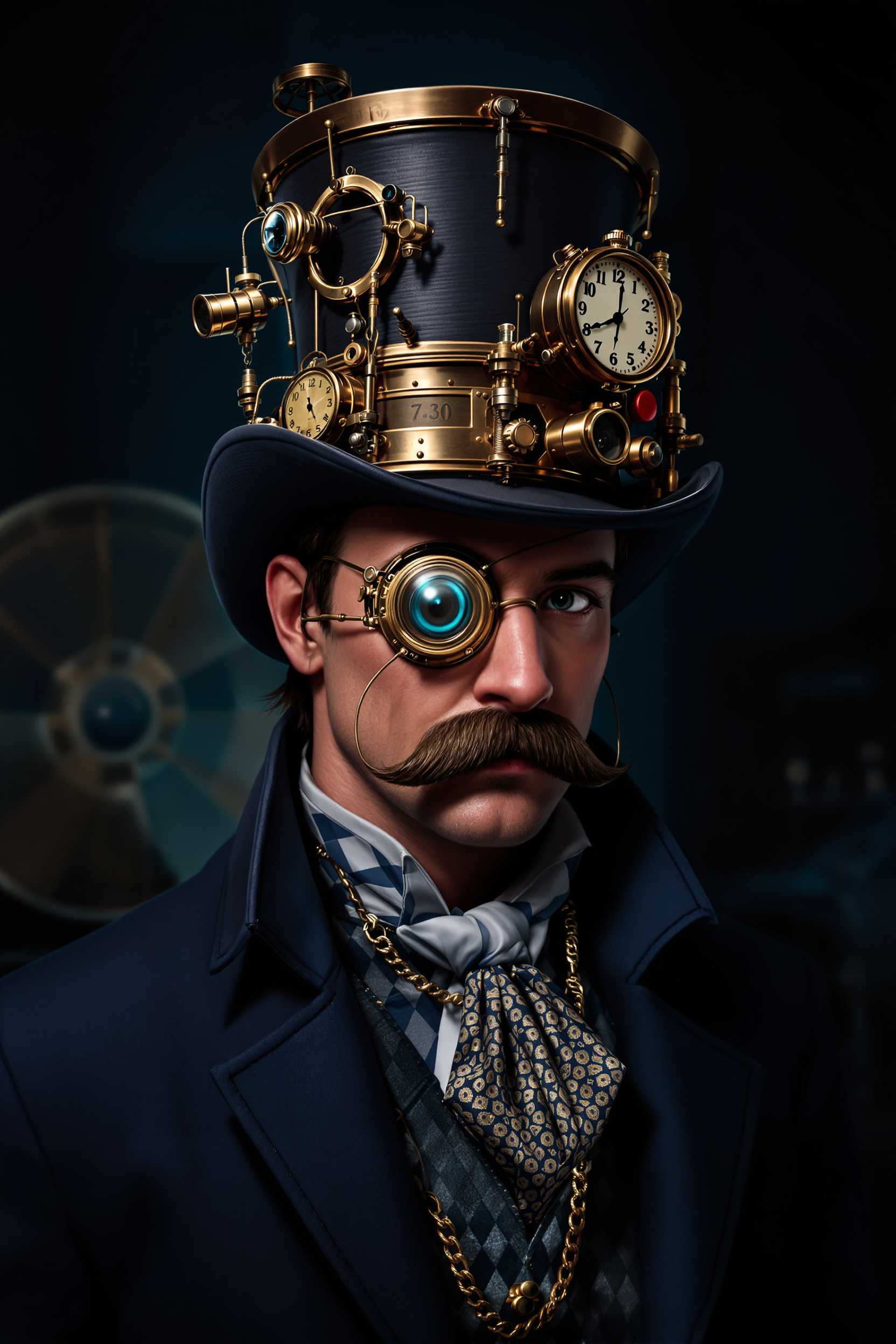 This image is a digital artwork that presents a man in a steampunk style. Steampunk is a genre that combines Victorian industrial elements with science fiction, often featuring Victorianera technology that is powered by steam or other forms of alternative energy.The figure is wearing a tall, top hat adorned with various mechanical and timerelated devices. The hat is the centerpiece of the steampunk aesthetic, with its brass and copper tones, and its embellished with a clock face, gears, and other intricate details that suggest a fusion of time and technology. The clock face is showing approximately 730, with the hands frozen in motion.The figures attire includes a dark blue, highcollared coat with a lighter blue lining, which adds to the Victorian industrial feel. The coat is detailed with a patterned cravat, which is a necktie worn in the 19th century, and a pocket watch chain with a watch attached to the left side of the coat.The figures right eye is magnified by a monocle, which is a single eyeglass lens worn over the eye. The monocle has a brass and gold design, with a detailed pattern that complements the overall steampunk theme. The left eye is not visible, which adds to the enigmatic quality of the character.The figures mustache is exaggerated and ornate, with a pronounced curl at the end, which is a common feature in steampunk imagery. The mustache is detailed with a pattern that matches the overall aesthetic of the image.The background of the image is dark and moody, with a gradient of blues and blacks that give a sense of depth and mystery. There is a blurred mechanical object in the background, which could be a fan or a part of a machine, contributing to the steampunk ambiance.The art style of the image is digital painting, with a high level of detail and realism. The use of lighting and shadow gives the image a threedimensional quality, and the textures are smooth with a slight sheen, suggesting a polished metal or brass finish.Overall, the image is a richly detailed and atmospheric portrayal of a steampunk character, blending historical fashion with speculative technology in a visually compelling way.