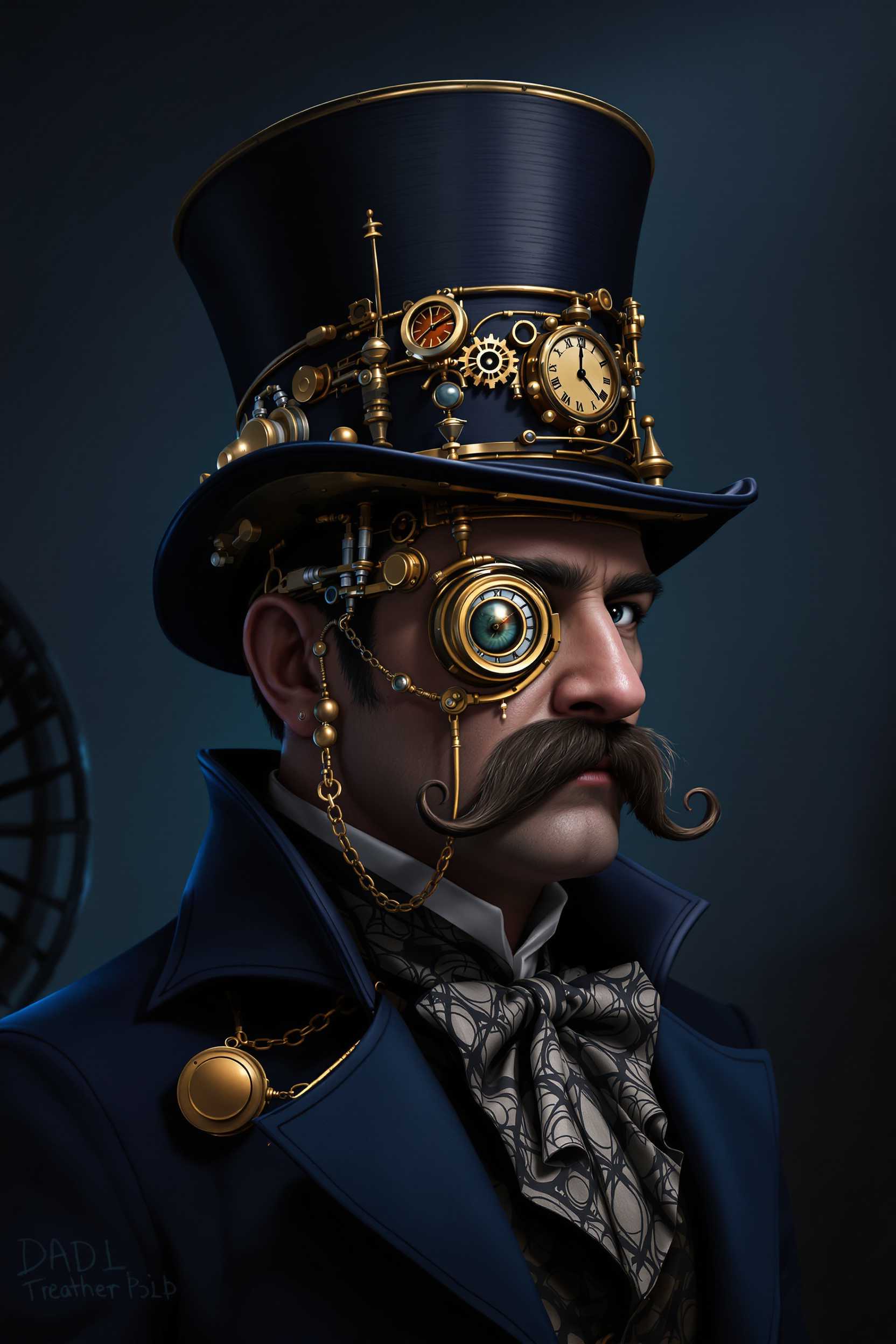 This image is a digital artwork that presents a man in a steampunk style. Steampunk is a genre that combines Victorian industrial elements with science fiction, often featuring Victorianera technology that is powered by steam or other forms of alternative energy.The figure is wearing a tall, top hat adorned with various mechanical and timerelated devices. The hat is the centerpiece of the steampunk aesthetic, with its brass and copper tones, and its embellished with a clock face, gears, and other intricate details that suggest a fusion of time and technology. The clock face is showing approximately 730, with the hands frozen in motion.The figures attire includes a dark blue, highcollared coat with a lighter blue lining, which adds to the Victorian industrial feel. The coat is detailed with a patterned cravat, which is a necktie worn in the 19th century, and a pocket watch chain with a watch attached to the left side of the coat.The figures right eye is magnified by a monocle, which is a single eyeglass lens worn over the eye. The monocle has a brass and gold design, with a detailed pattern that complements the overall steampunk theme. The left eye is not visible, which adds to the enigmatic quality of the character.The figures mustache is exaggerated and ornate, with a pronounced curl at the end, which is a common feature in steampunk imagery. The mustache is detailed with a pattern that matches the overall aesthetic of the image.The background of the image is dark and moody, with a gradient of blues and blacks that give a sense of depth and mystery. There is a blurred mechanical object in the background, which could be a fan or a part of a machine, contributing to the steampunk ambiance.The art style of the image is digital painting, with a high level of detail and realism. The use of lighting and shadow gives the image a threedimensional quality, and the textures are smooth with a slight sheen, suggesting a polished metal or brass finish.Overall, the image is a richly detailed and atmospheric portrayal of a steampunk character, blending historical fashion with speculative technology in a visually compelling way.