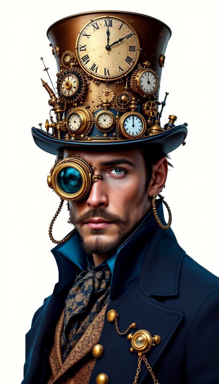 This image is a digital artwork that presents a man in a steampunk style. Steampunk is a genre that combines Victorian industrial elements with science fiction, often featuring Victorianera technology that is powered by steam or other forms of alternative energy.The figure is wearing a tall, top hat adorned with various mechanical and timerelated devices. The hat is the centerpiece of the steampunk aesthetic, with its brass and copper tones, and its embellished with a clock face, gears, and other intricate details that suggest a fusion of time and technology. The clock face is showing approximately 730, with the hands frozen in motion.The figures attire includes a dark blue, highcollared coat with a lighter blue lining, which adds to the Victorian industrial feel. The coat is detailed with a patterned cravat, which is a necktie worn in the 19th century, and a pocket watch chain with a watch attached to the left side of the coat.The figures right eye is magnified by a monocle, which is a single eyeglass lens worn over the eye. The monocle has a brass and gold design, with a detailed pattern that complements the overall steampunk theme. The left eye is not visible, which adds to the enigmatic quality of the character.The figures mustache is exaggerated and ornate, with a pronounced curl at the end, which is a common feature in steampunk imagery. The mustache is detailed with a pattern that matches the overall aesthetic of the image.The background of the image is dark and moody, with a gradient of blues and blacks that give a sense of depth and mystery. There is a blurred mechanical object in the background, which could be a fan or a part of a machine, contributing to the steampunk ambiance.The art style of the image is digital painting, with a high level of detail and realism. The use of lighting and shadow gives the image a threedimensional quality, and the textures are smooth with a slight sheen, suggesting a polished metal or brass finish.Overall, the image is a richly detailed and atmospheric portrayal of a steampunk character, blending historical fashion with speculative technology in a visually compelling way.