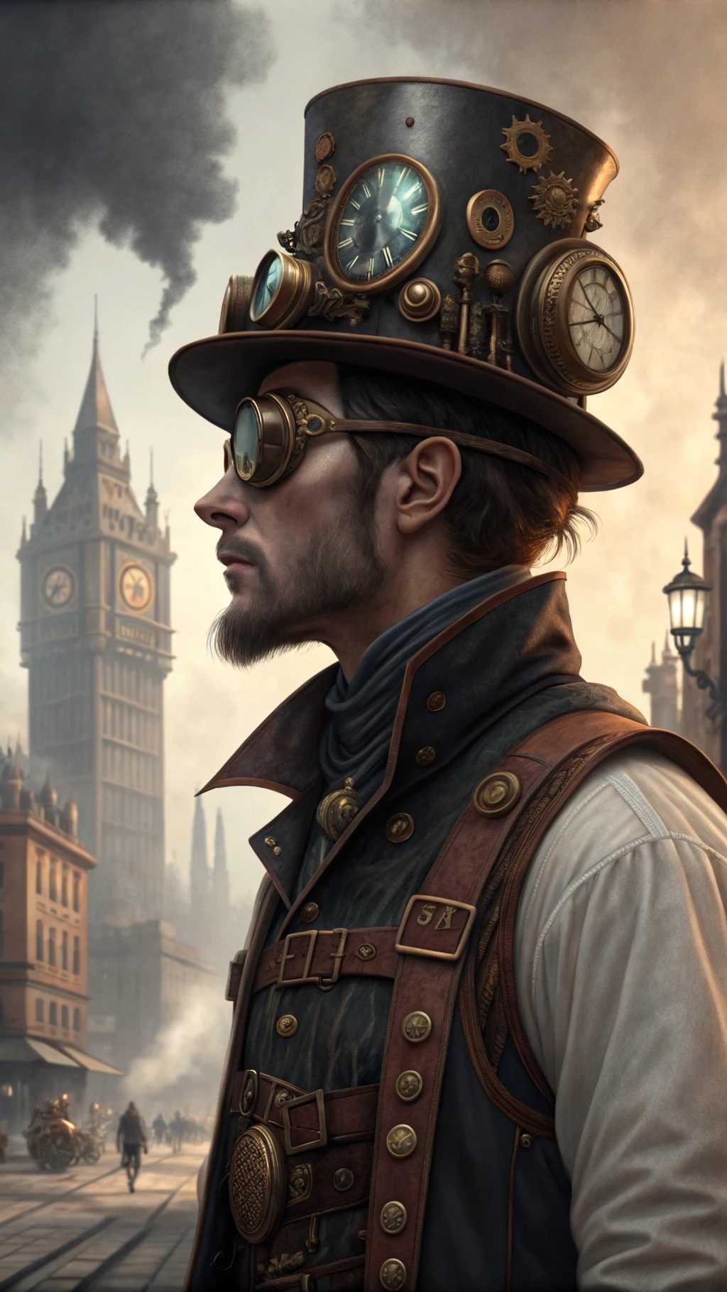 This image is a digital artwork that presents a man in a steampunk style. Steampunk is a genre that combines Victorian industrial elements with science fiction, often featuring Victorianera technology that is powered by steam or other forms of alternative energy.The figure is wearing a tall, top hat adorned with various mechanical and timerelated devices. The hat is the centerpiece of the steampunk aesthetic, with its brass and copper tones, and its embellished with a clock face, gears, and other intricate details that suggest a fusion of time and technology. The clock face is showing approximately 730, with the hands frozen in motion.The figures attire includes a dark blue, highcollared coat with a lighter blue lining, which adds to the Victorian industrial feel. The coat is detailed with a patterned cravat, which is a necktie worn in the 19th century, and a pocket watch chain with a watch attached to the left side of the coat.The figures right eye is magnified by a monocle, which is a single eyeglass lens worn over the eye. The monocle has a brass and gold design, with a detailed pattern that complements the overall steampunk theme. The left eye is not visible, which adds to the enigmatic quality of the character.The figures mustache is exaggerated and ornate, with a pronounced curl at the end, which is a common feature in steampunk imagery. The mustache is detailed with a pattern that matches the overall aesthetic of the image.The background of the image is dark and moody, with a gradient of blues and blacks that give a sense of depth and mystery. There is a blurred mechanical object in the background, which could be a fan or a part of a machine, contributing to the steampunk ambiance.The art style of the image is digital painting, with a high level of detail and realism. The use of lighting and shadow gives the image a threedimensional quality, and the textures are smooth with a slight sheen, suggesting a polished metal or brass finish.Overall, the image is a richly detailed and atmospheric portrayal of a steampunk character, blending historical fashion with speculative technology in a visually compelling way.