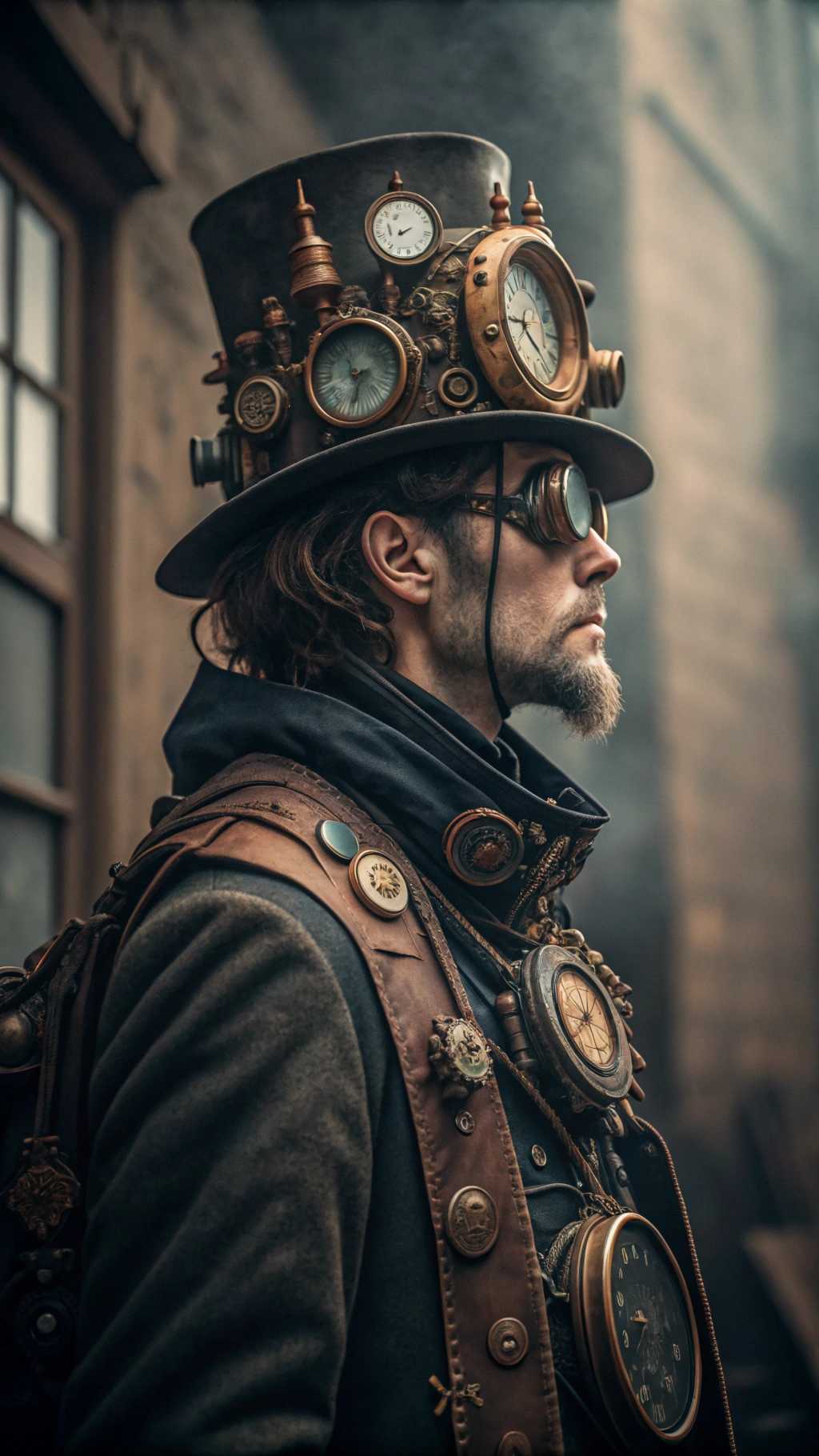 This image is a digital artwork that presents a man in a steampunk style. Steampunk is a genre that combines Victorian industrial elements with science fiction, often featuring Victorianera technology that is powered by steam or other forms of alternative energy.The figure is wearing a tall, top hat adorned with various mechanical and timerelated devices. The hat is the centerpiece of the steampunk aesthetic, with its brass and copper tones, and its embellished with a clock face, gears, and other intricate details that suggest a fusion of time and technology. The clock face is showing approximately 730, with the hands frozen in motion.The figures attire includes a dark blue, highcollared coat with a lighter blue lining, which adds to the Victorian industrial feel. The coat is detailed with a patterned cravat, which is a necktie worn in the 19th century, and a pocket watch chain with a watch attached to the left side of the coat.The figures right eye is magnified by a monocle, which is a single eyeglass lens worn over the eye. The monocle has a brass and gold design, with a detailed pattern that complements the overall steampunk theme. The left eye is not visible, which adds to the enigmatic quality of the character.The figures mustache is exaggerated and ornate, with a pronounced curl at the end, which is a common feature in steampunk imagery. The mustache is detailed with a pattern that matches the overall aesthetic of the image.The background of the image is dark and moody, with a gradient of blues and blacks that give a sense of depth and mystery. There is a blurred mechanical object in the background, which could be a fan or a part of a machine, contributing to the steampunk ambiance.The art style of the image is digital painting, with a high level of detail and realism. The use of lighting and shadow gives the image a threedimensional quality, and the textures are smooth with a slight sheen, suggesting a polished metal or brass finish.Overall, the image is a richly detailed and atmospheric portrayal of a steampunk character, blending historical fashion with speculative technology in a visually compelling way.