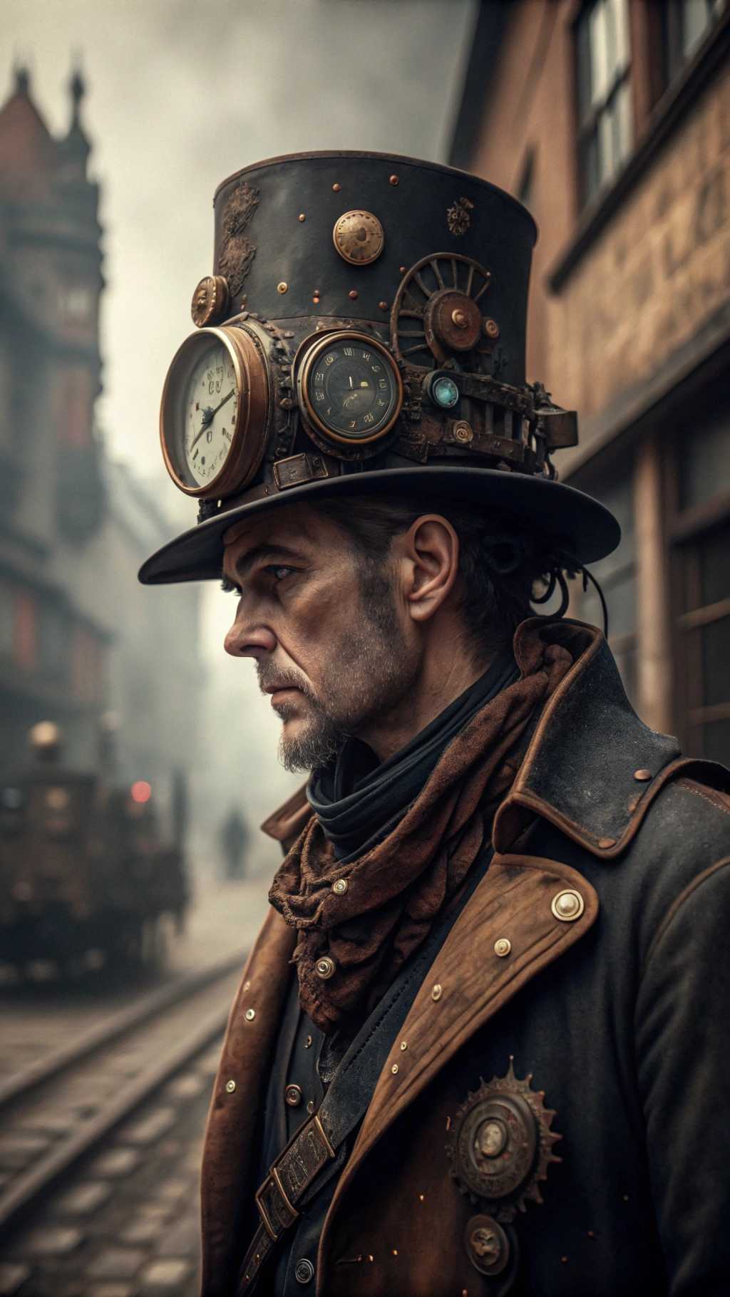 This image is a digital artwork that presents a man in a steampunk style. Steampunk is a genre that combines Victorian industrial elements with science fiction, often featuring Victorianera technology that is powered by steam or other forms of alternative energy.The figure is wearing a tall, top hat adorned with various mechanical and timerelated devices. The hat is the centerpiece of the steampunk aesthetic, with its brass and copper tones, and its embellished with a clock face, gears, and other intricate details that suggest a fusion of time and technology. The clock face is showing approximately 730, with the hands frozen in motion.The figures attire includes a dark blue, highcollared coat with a lighter blue lining, which adds to the Victorian industrial feel. The coat is detailed with a patterned cravat, which is a necktie worn in the 19th century, and a pocket watch chain with a watch attached to the left side of the coat.The figures right eye is magnified by a monocle, which is a single eyeglass lens worn over the eye. The monocle has a brass and gold design, with a detailed pattern that complements the overall steampunk theme. The left eye is not visible, which adds to the enigmatic quality of the character.The figures mustache is exaggerated and ornate, with a pronounced curl at the end, which is a common feature in steampunk imagery. The mustache is detailed with a pattern that matches the overall aesthetic of the image.The background of the image is dark and moody, with a gradient of blues and blacks that give a sense of depth and mystery. There is a blurred mechanical object in the background, which could be a fan or a part of a machine, contributing to the steampunk ambiance.The art style of the image is digital painting, with a high level of detail and realism. The use of lighting and shadow gives the image a threedimensional quality, and the textures are smooth with a slight sheen, suggesting a polished metal or brass finish.Overall, the image is a richly detailed and atmospheric portrayal of a steampunk character, blending historical fashion with speculative technology in a visually compelling way.