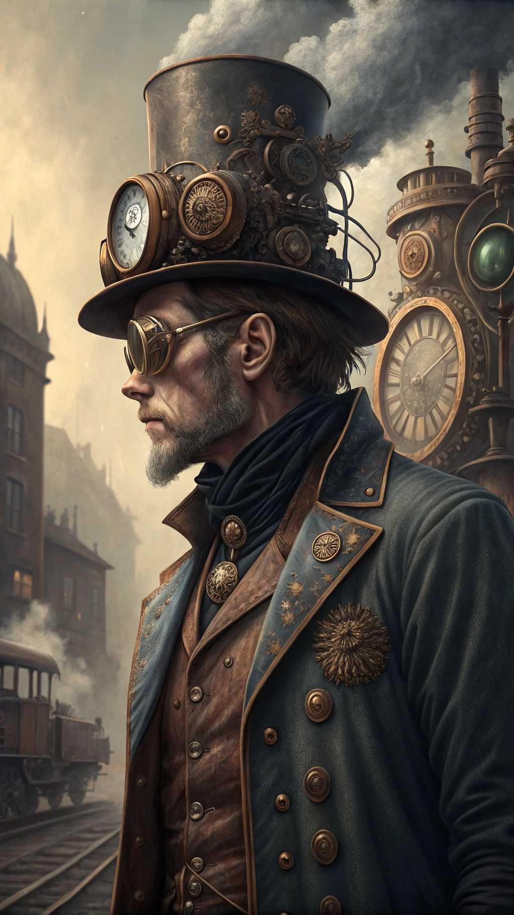 This image is a digital artwork that presents a man in a steampunk style. Steampunk is a genre that combines Victorian industrial elements with science fiction, often featuring Victorianera technology that is powered by steam or other forms of alternative energy.The figure is wearing a tall, top hat adorned with various mechanical and timerelated devices. The hat is the centerpiece of the steampunk aesthetic, with its brass and copper tones, and its embellished with a clock face, gears, and other intricate details that suggest a fusion of time and technology. The clock face is showing approximately 730, with the hands frozen in motion.The figures attire includes a dark blue, highcollared coat with a lighter blue lining, which adds to the Victorian industrial feel. The coat is detailed with a patterned cravat, which is a necktie worn in the 19th century, and a pocket watch chain with a watch attached to the left side of the coat.The figures right eye is magnified by a monocle, which is a single eyeglass lens worn over the eye. The monocle has a brass and gold design, with a detailed pattern that complements the overall steampunk theme. The left eye is not visible, which adds to the enigmatic quality of the character.The figures mustache is exaggerated and ornate, with a pronounced curl at the end, which is a common feature in steampunk imagery. The mustache is detailed with a pattern that matches the overall aesthetic of the image.The background of the image is dark and moody, with a gradient of blues and blacks that give a sense of depth and mystery. There is a blurred mechanical object in the background, which could be a fan or a part of a machine, contributing to the steampunk ambiance.The art style of the image is digital painting, with a high level of detail and realism. The use of lighting and shadow gives the image a threedimensional quality, and the textures are smooth with a slight sheen, suggesting a polished metal or brass finish.Overall, the image is a richly detailed and atmospheric portrayal of a steampunk character, blending historical fashion with speculative technology in a visually compelling way.