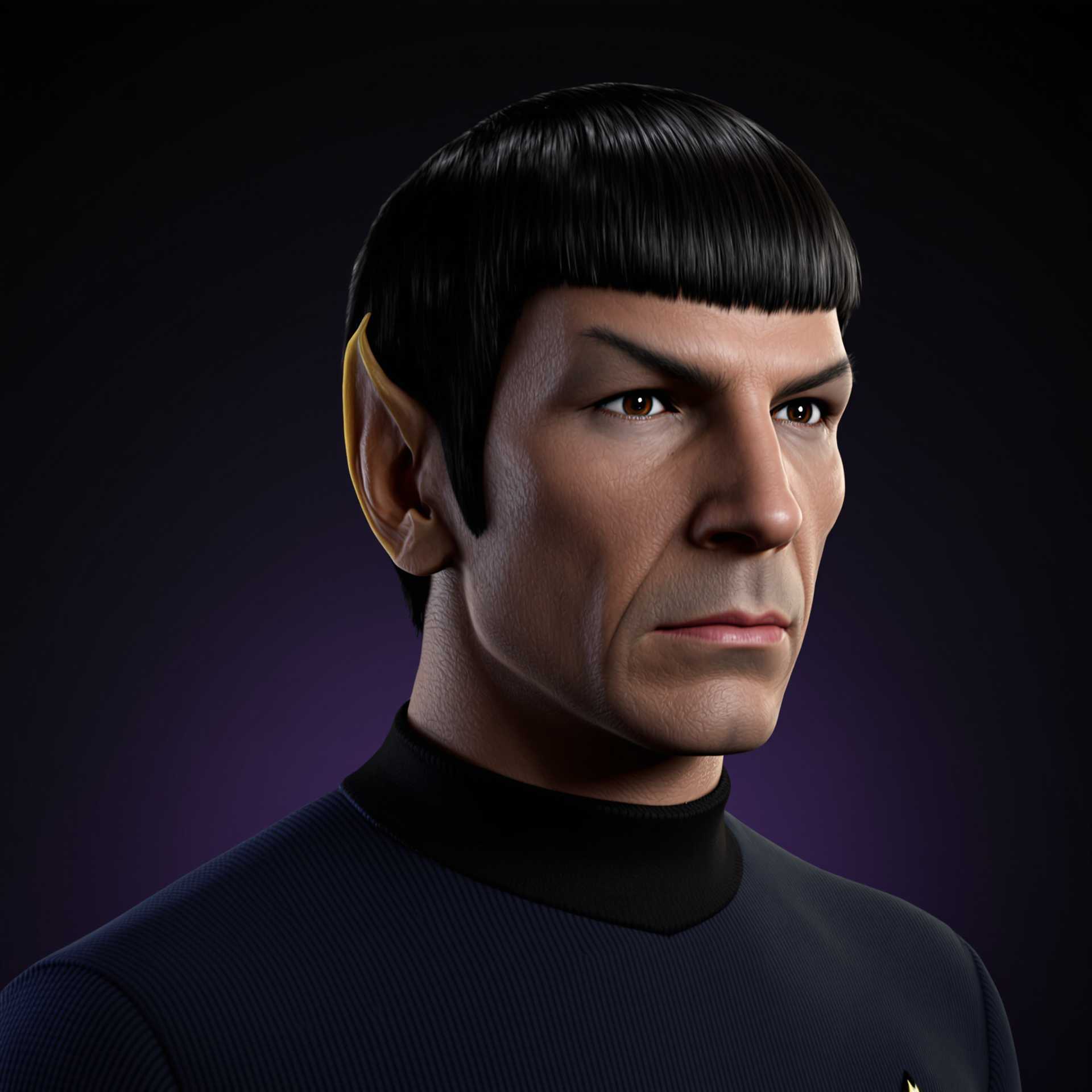 This image is a highly detailed and realistic 3D rendering of a male figure, specifically designed to resemble the character" Spock "from the Star Trek franchise. The rendering is characterized by its lifelike textures and lighting, which give the subject a very realistic appearance.The subjects hair is a dark, straight, and well defined black, with a natural looking shine and highlights that reflect light. The hair is neatly trimmed and styled with a straight, even cut that falls just above the forehead, giving the character a classic Spock look.The subjects skin is rendered with a high level of detail, showing realistic creases and folds around the eyes, nose, and mouth. The skin texture is smooth and natural, with subtle variations in color and tone that give the appearance of a living, breathing being.The subject is wearing a Starfleet uniform, which is a dark blue shirt with a black collar and cuffs. The fabric of the shirt appears to be a soft, knit material, with realistic folds and creases that indicate the weight of the fabric and the way it drapes over the subjects body.The background is a simple, dark gradient that fades from black at the top to a deep purple at the bottom, which serves to isolate and emphasize the subject. The lighting in the image is soft and diffused, with a gentle highlight on the subjects right cheek and chin, and a subtle shadow on the left side of the face, which adds depth and dimension to the rendering.Overall, the art style of the image is hyperrealistic, with a focus on lifelike textures, lighting, and color gradations. The medium used to create the image is 3D rendering, which allows for the creation of highly detailed and complex visual effects. The colors in the image are primarily dark and muted, with a focus on the contrast between the black hair and the dark blue shirt against the dark background.