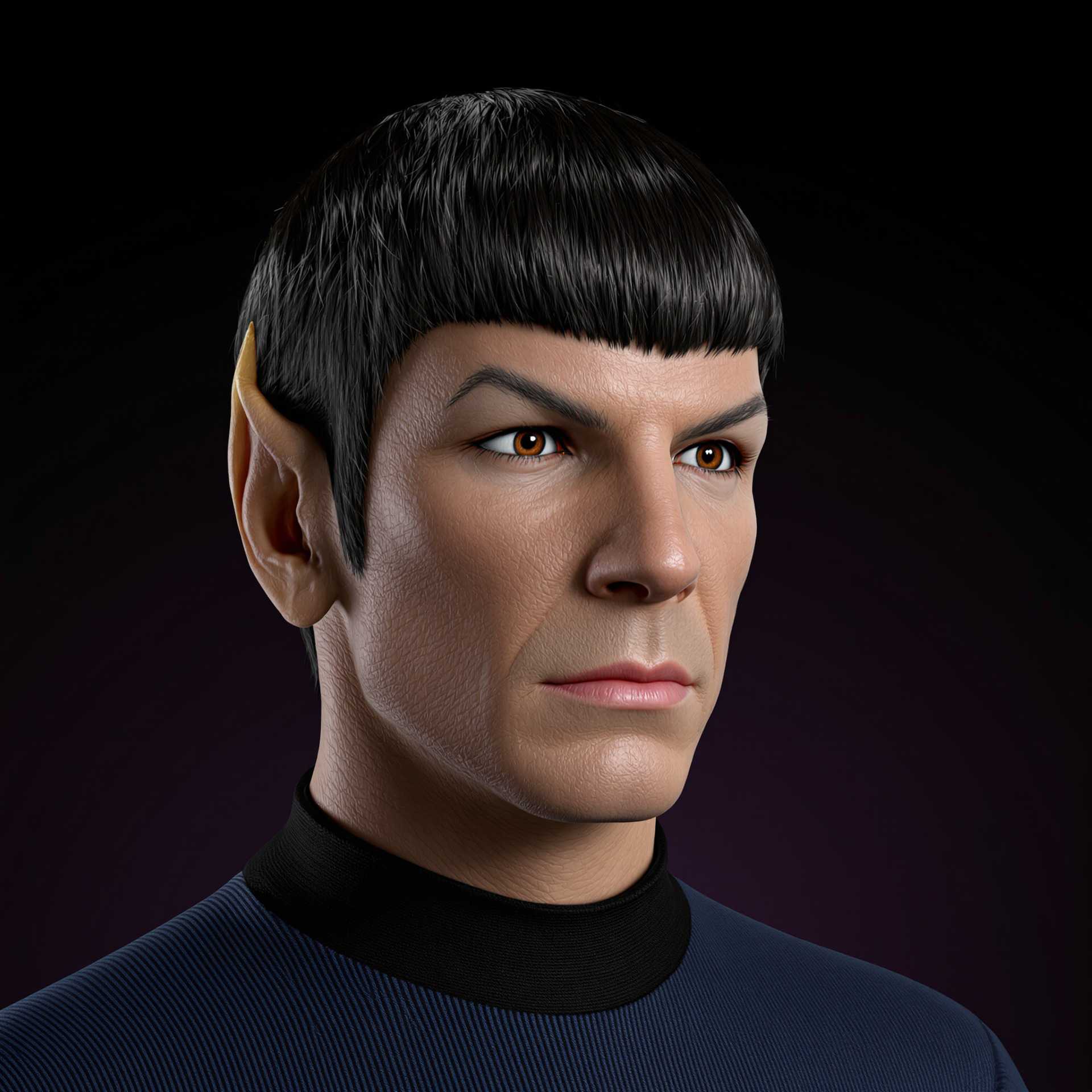 This image is a highly detailed and realistic 3D rendering of a male figure, specifically designed to resemble the character" Spock "from the Star Trek franchise. The rendering is characterized by its lifelike textures and lighting, which give the subject a very realistic appearance.The subjects hair is a dark, straight, and well defined black, with a natural looking shine and highlights that reflect light. The hair is neatly trimmed and styled with a straight, even cut that falls just above the forehead, giving the character a classic Spock look.The subjects skin is rendered with a high level of detail, showing realistic creases and folds around the eyes, nose, and mouth. The skin texture is smooth and natural, with subtle variations in color and tone that give the appearance of a living, breathing being.The subject is wearing a Starfleet uniform, which is a dark blue shirt with a black collar and cuffs. The fabric of the shirt appears to be a soft, knit material, with realistic folds and creases that indicate the weight of the fabric and the way it drapes over the subjects body.The background is a simple, dark gradient that fades from black at the top to a deep purple at the bottom, which serves to isolate and emphasize the subject. The lighting in the image is soft and diffused, with a gentle highlight on the subjects right cheek and chin, and a subtle shadow on the left side of the face, which adds depth and dimension to the rendering.Overall, the art style of the image is hyperrealistic, with a focus on lifelike textures, lighting, and color gradations. The medium used to create the image is 3D rendering, which allows for the creation of highly detailed and complex visual effects. The colors in the image are primarily dark and muted, with a focus on the contrast between the black hair and the dark blue shirt against the dark background.