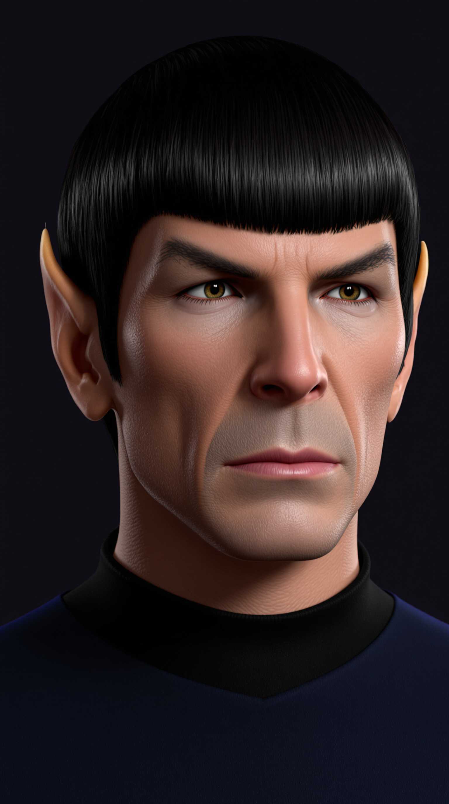 This image is a highly detailed and realistic 3D rendering of a male figure, specifically designed to resemble the character" Spock "from the Star Trek franchise. The rendering is characterized by its lifelike textures and lighting, which give the subject a very realistic appearance.The subjects hair is a dark, straight, and well defined black, with a natural looking shine and highlights that reflect light. The hair is neatly trimmed and styled with a straight, even cut that falls just above the forehead, giving the character a classic Spock look.The subjects skin is rendered with a high level of detail, showing realistic creases and folds around the eyes, nose, and mouth. The skin texture is smooth and natural, with subtle variations in color and tone that give the appearance of a living, breathing being.The subject is wearing a Starfleet uniform, which is a dark blue shirt with a black collar and cuffs. The fabric of the shirt appears to be a soft, knit material, with realistic folds and creases that indicate the weight of the fabric and the way it drapes over the subjects body.The background is a simple, dark gradient that fades from black at the top to a deep purple at the bottom, which serves to isolate and emphasize the subject. The lighting in the image is soft and diffused, with a gentle highlight on the subjects right cheek and chin, and a subtle shadow on the left side of the face, which adds depth and dimension to the rendering.Overall, the art style of the image is hyperrealistic, with a focus on lifelike textures, lighting, and color gradations. The medium used to create the image is 3D rendering, which allows for the creation of highly detailed and complex visual effects. The colors in the image are primarily dark and muted, with a focus on the contrast between the black hair and the dark blue shirt against the dark background.