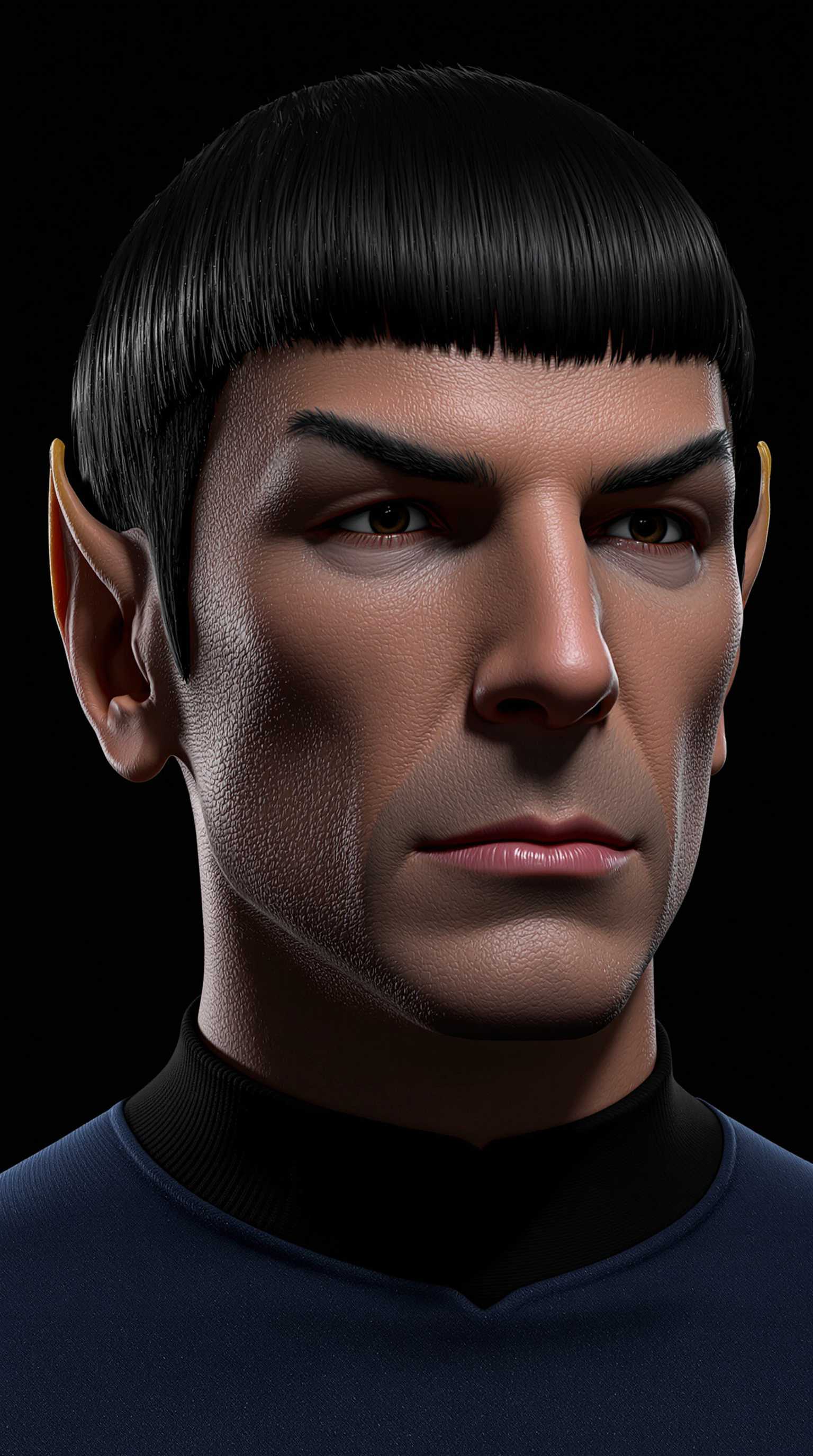 This image is a highly detailed and realistic 3D rendering of a male figure, specifically designed to resemble the character" Spock "from the Star Trek franchise. The rendering is characterized by its lifelike textures and lighting, which give the subject a very realistic appearance.The subjects hair is a dark, straight, and well defined black, with a natural looking shine and highlights that reflect light. The hair is neatly trimmed and styled with a straight, even cut that falls just above the forehead, giving the character a classic Spock look.The subjects skin is rendered with a high level of detail, showing realistic creases and folds around the eyes, nose, and mouth. The skin texture is smooth and natural, with subtle variations in color and tone that give the appearance of a living, breathing being.The subject is wearing a Starfleet uniform, which is a dark blue shirt with a black collar and cuffs. The fabric of the shirt appears to be a soft, knit material, with realistic folds and creases that indicate the weight of the fabric and the way it drapes over the subjects body.The background is a simple, dark gradient that fades from black at the top to a deep purple at the bottom, which serves to isolate and emphasize the subject. The lighting in the image is soft and diffused, with a gentle highlight on the subjects right cheek and chin, and a subtle shadow on the left side of the face, which adds depth and dimension to the rendering.Overall, the art style of the image is hyperrealistic, with a focus on lifelike textures, lighting, and color gradations. The medium used to create the image is 3D rendering, which allows for the creation of highly detailed and complex visual effects. The colors in the image are primarily dark and muted, with a focus on the contrast between the black hair and the dark blue shirt against the dark background.